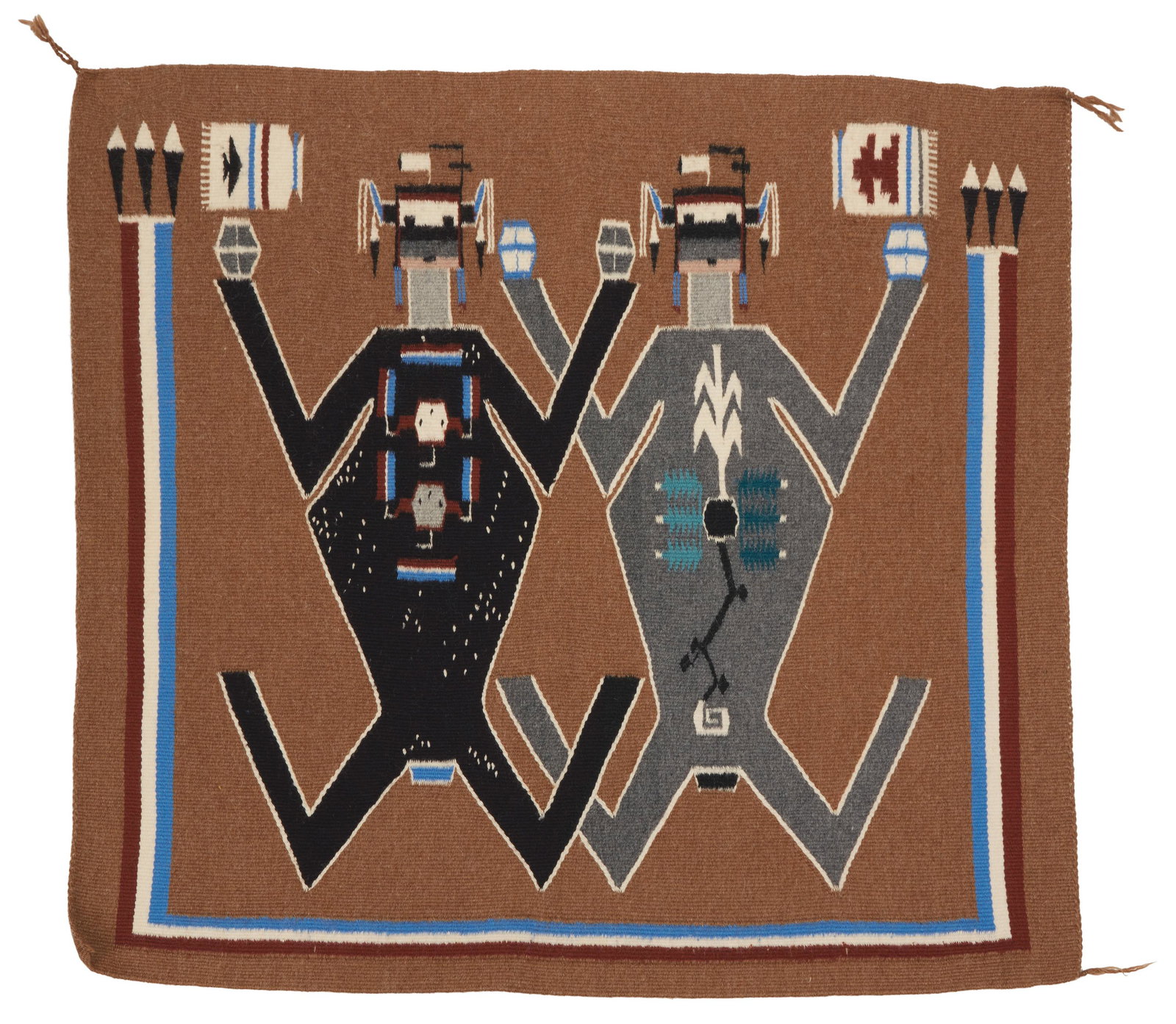 Bertha Chee (20th Century, Dine): A Navajo sandpainting weaving Entitled Mother Earth Father Sky, woven in grey, black, brown, blue, green, teal, and light grey wool with two Yei figures on a camel field 34.75" H x 37.5" W Notes: This