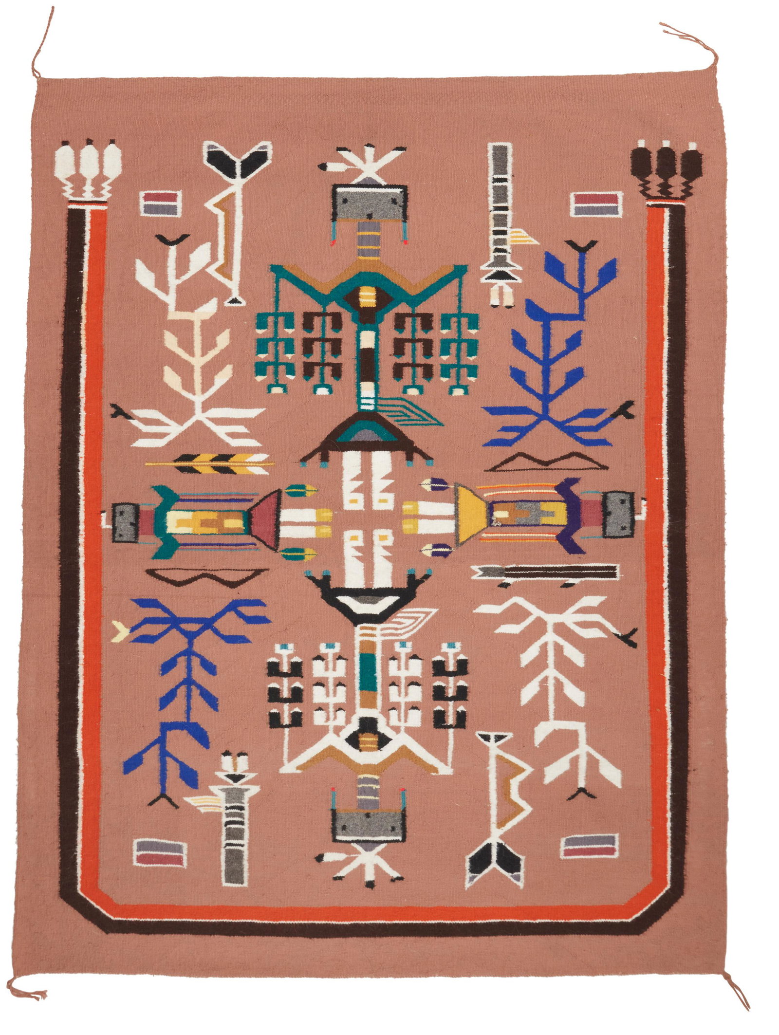A Navajo sandpainting textile: Fourth-Quarter 20th Century; Dine Woven in polychrome wools on a buff ground with four Yei figures 56" H x 43.5" W