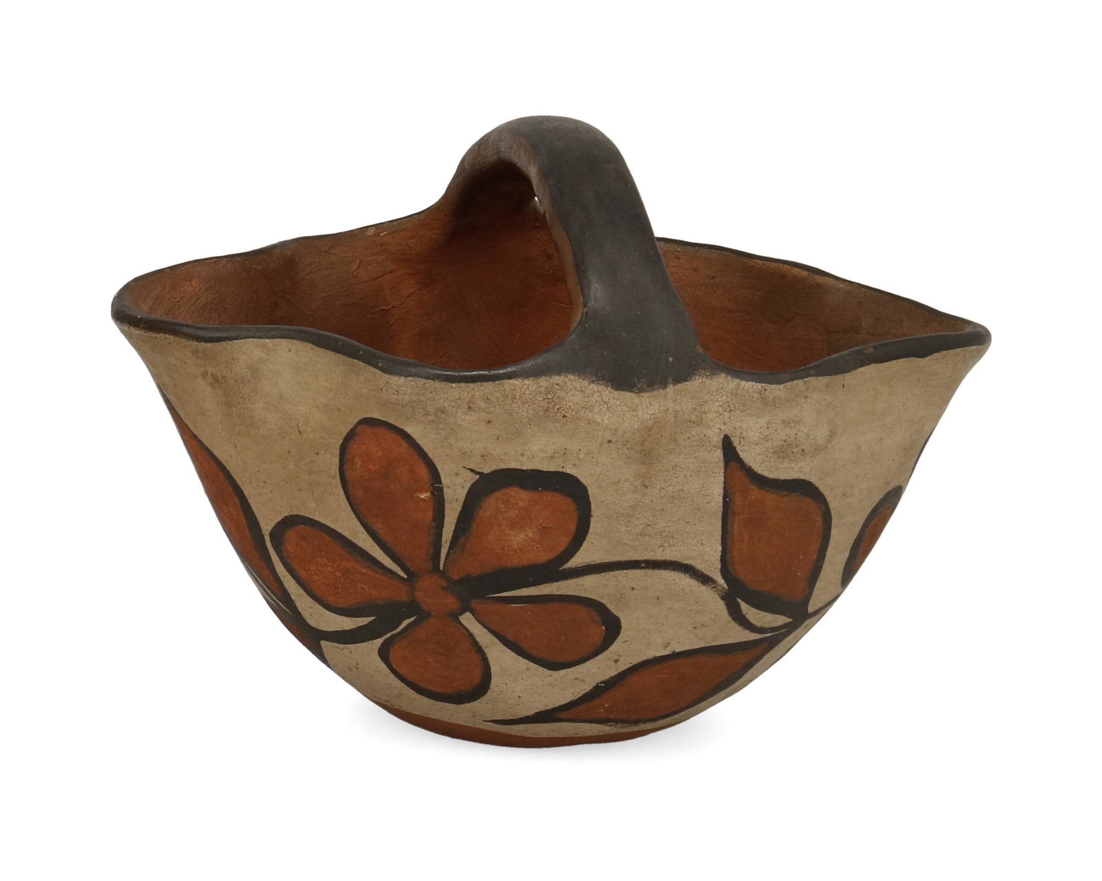 A Santo Domingo Pueblo pottery basket: Circa 1923 Signed and dated illegibly in pencil to underside The polychrome pottery vessel with floral vine on buff slip glaze 4.75" H x 6.5" W x 5.125" D