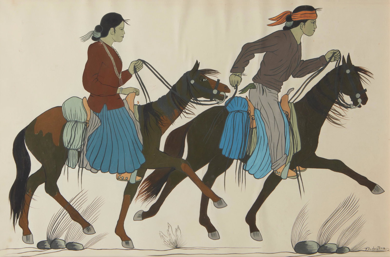 20th Century American School: Man and woman on horseback Mixed media on paper under glass Signed lower right: Nodestine Sight: 13.5" H x 20.75" W