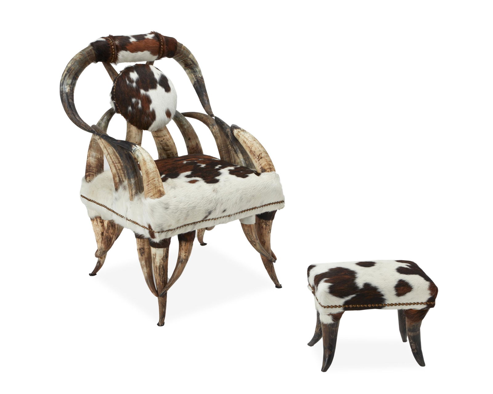A steer horn and cowhide chair and ottoman (1 of 9)