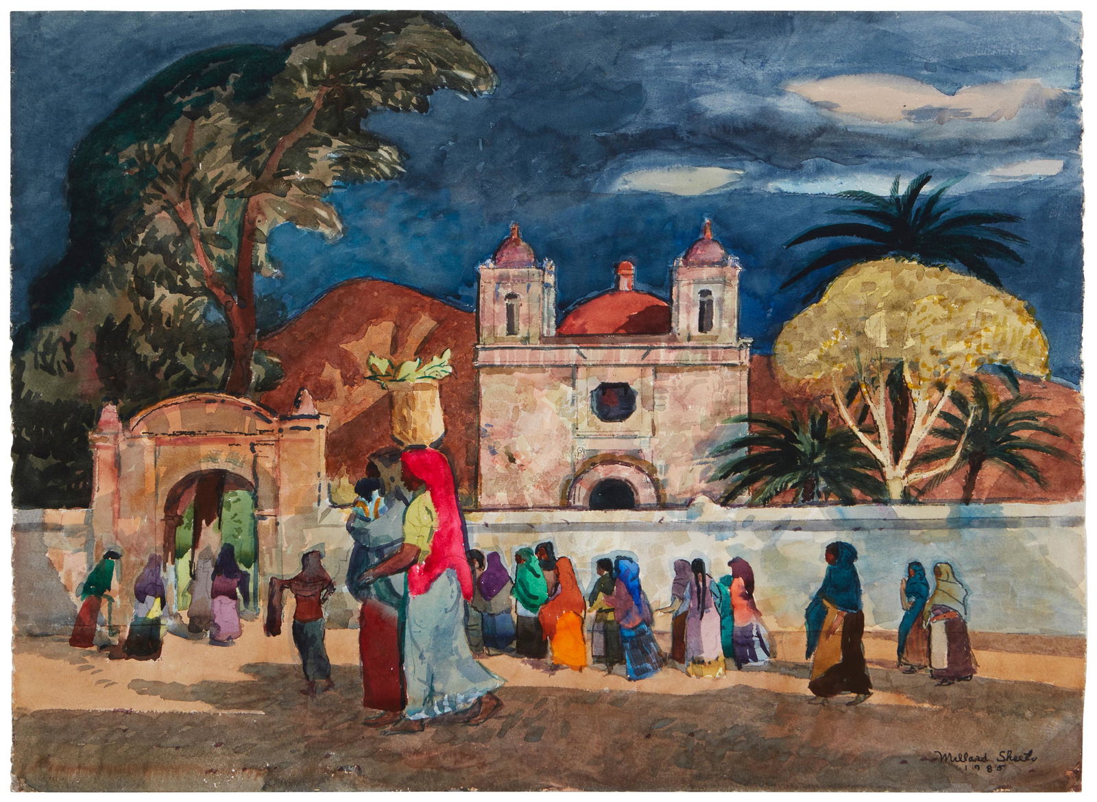 Millard Owen Sheets (1907-1989, Gualala, CA): Ladies of Jaliaza, 1985 Watercolor on Arches paper under glass Signed and dated lower right: Millard Sheets; signed and dated again, and titled and inscribed "Mexico", all in another hand on the ver