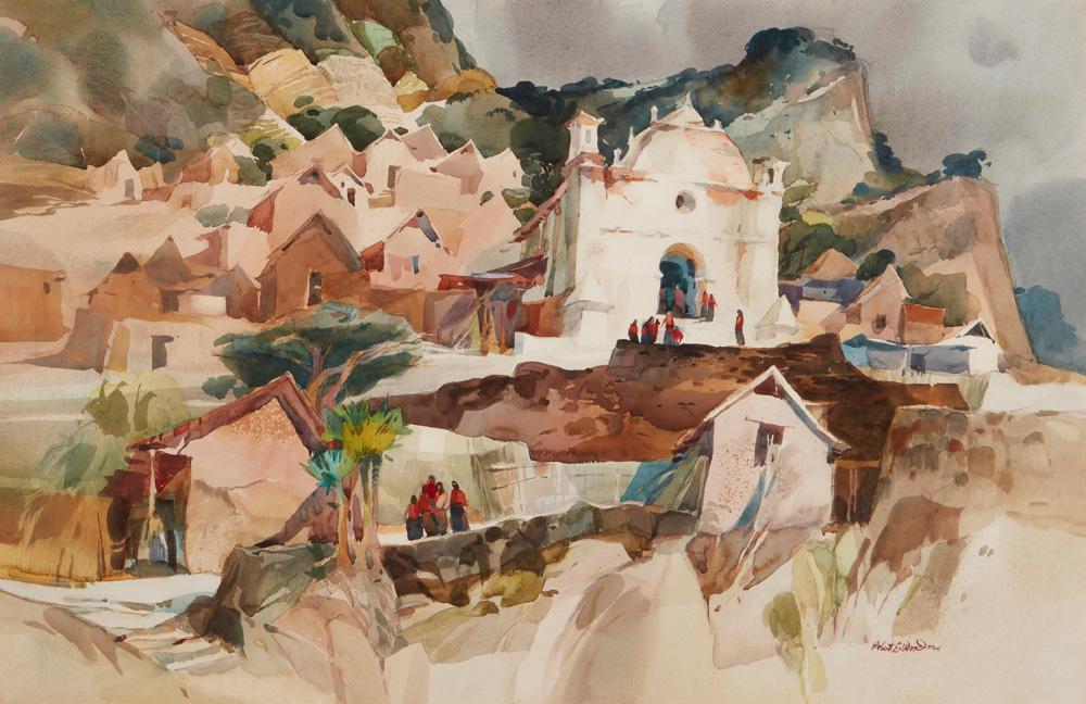 Robert Earle Wood (1926-1999, Redlands, CA): A rugged Mexican town scene with figures Watercolor on paper under Plexiglas Signed and inscribed lower right: Robert E. Wood ANA AWS Sight: 25" H x 39" W