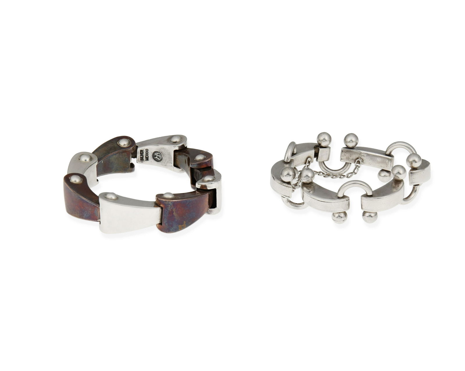 Hector Aguilar (1905-1986, Mexican): Two Modernist link bracelets, circa 1940-1962; Taxco, Mexico Each marked for Hector Aguilar; further variously marked: Taxco / 940 / Mexico / Silver Comprising a silver link bracelet with domed cres