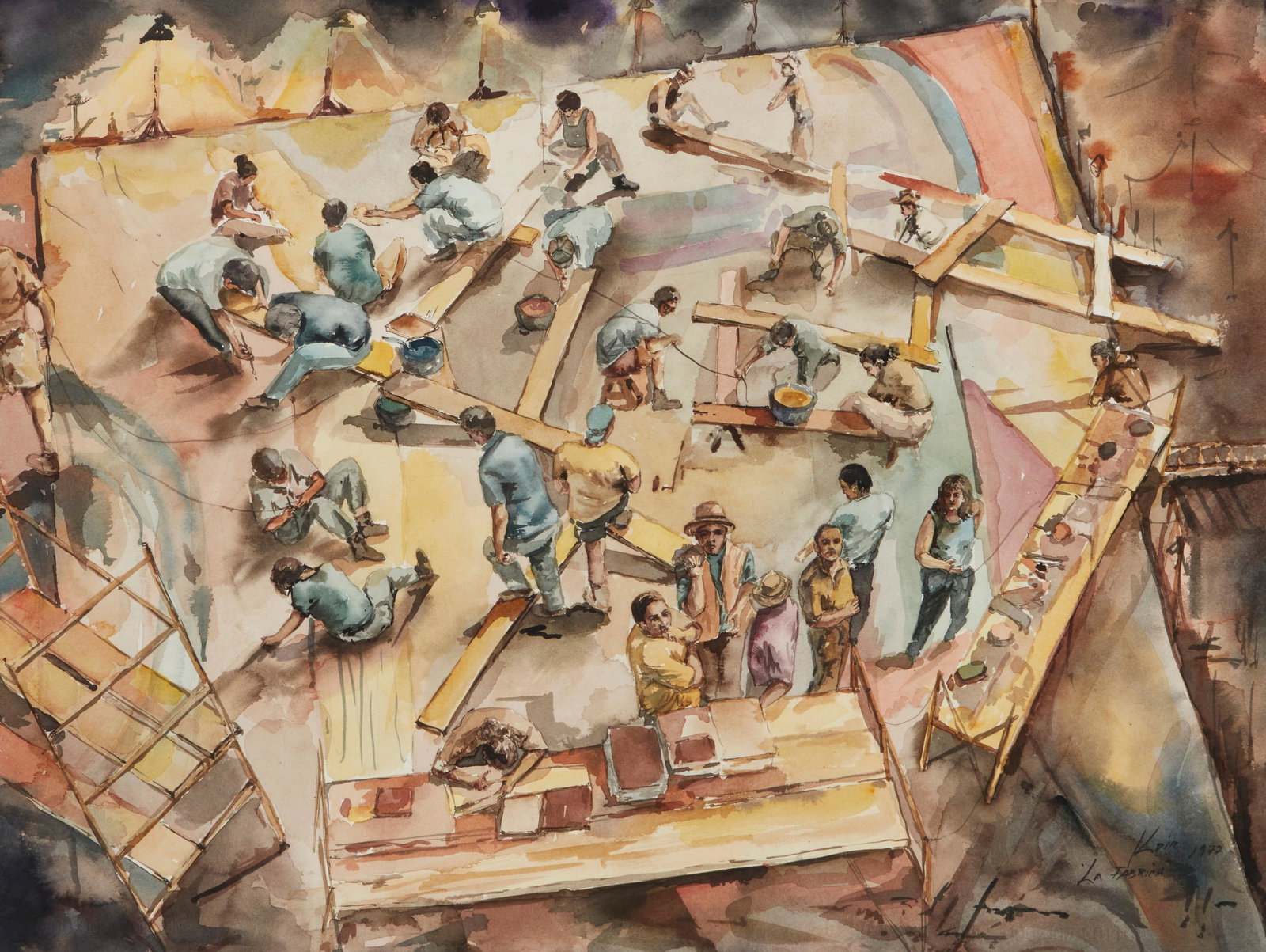 Kadir Lopez Nieves (b. 1972, Cuban): La Fabrica, 2002 Watercolor on paper under glass Signed together with the artist's birth year, and titled, lower right: Kdir / 1972; with a possible alternate title on a label affixed to the frame's b