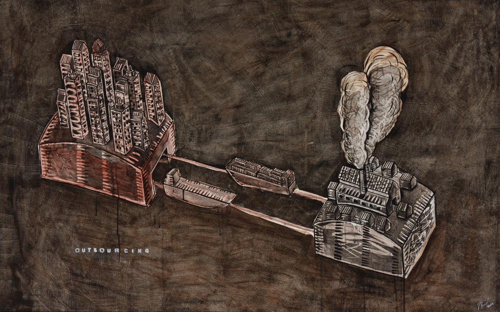 Abel Barroso (b.1971, Cuban): "Outsourcing," 2008 Acrylic on canvas Signed and dated lower right: Barroso; titled in the image 33" H x 52" W Provenance: The Carolyn J. Adrian Collection, South Pasadena, CA Notes: Abel Barro