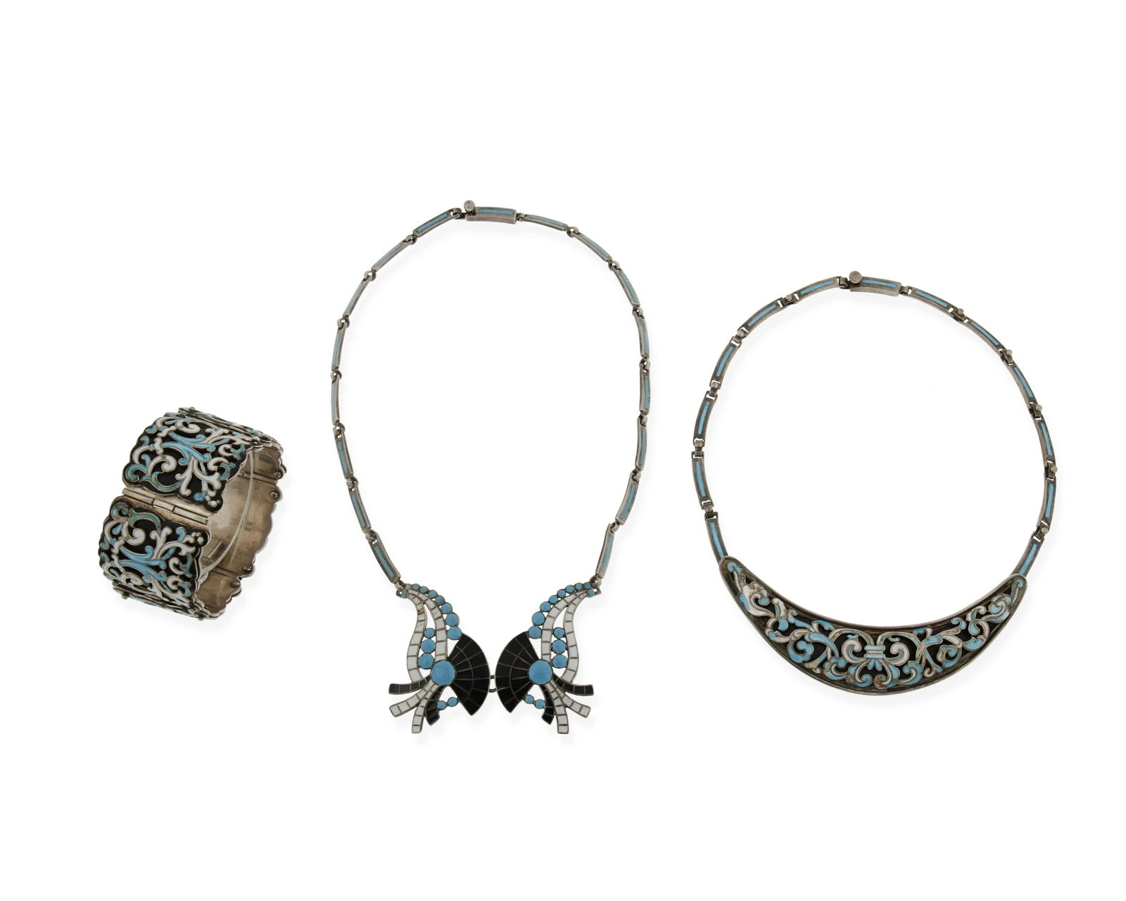 Margot Van Voorhies (1896-1985, American): A group of Margot de Taxco silver and enamel jewelry, circa 1955-1978; Taxco, Mexico Each stamped: Margot de Taxco / Sterling / Made in Mexico / [Eagle 16] / [indistinct] Eagle / 5583 [or] 5618 Compri