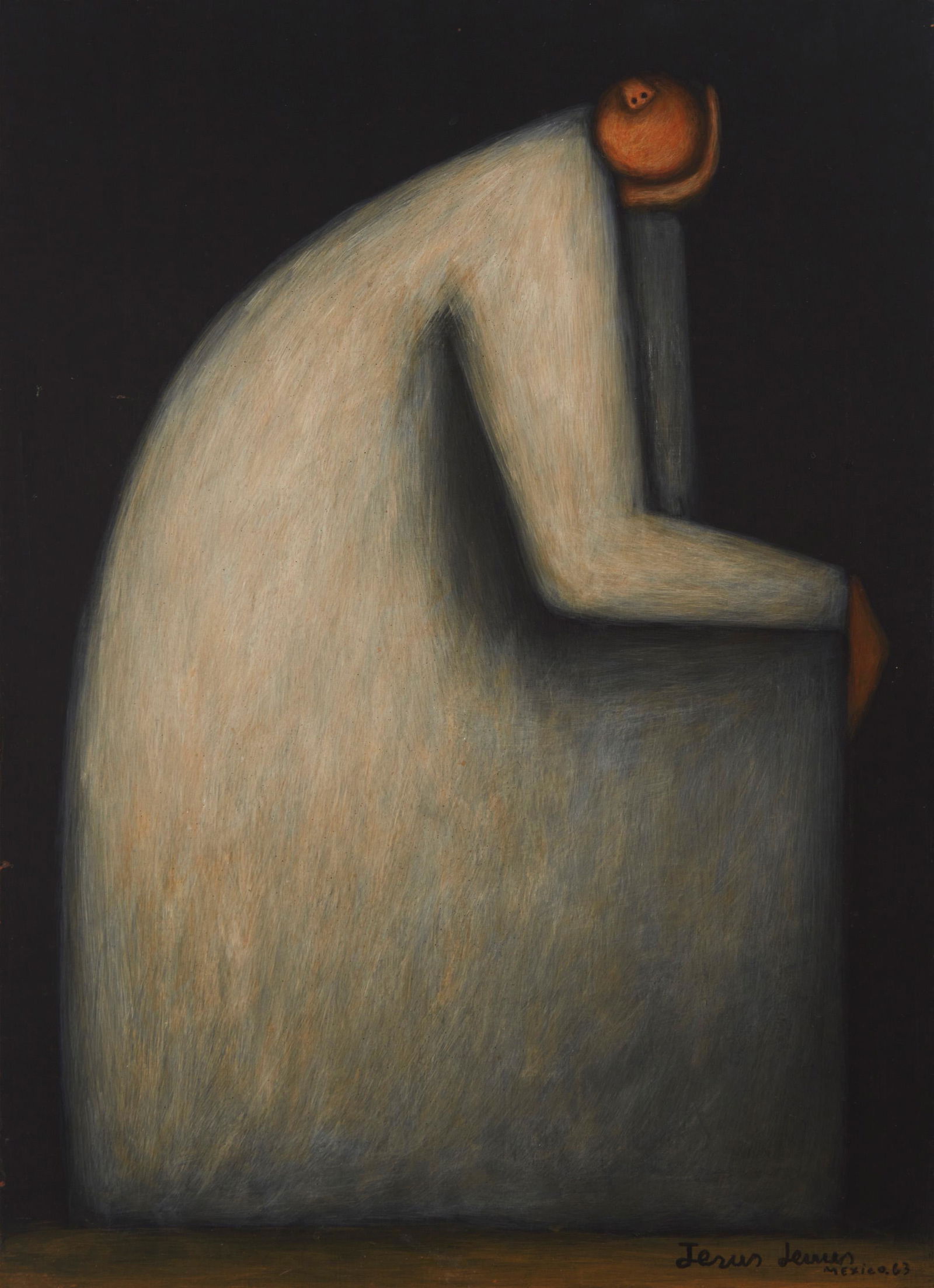 Jesus Mariano Leuus (b. 1948, Mexican): Seated woman in white dress, 1963 Oil on Masonite Signed, dated and inscribed "Mexico" in the lower right corner: Jesus Leuus 17.75" H x 12.5" W