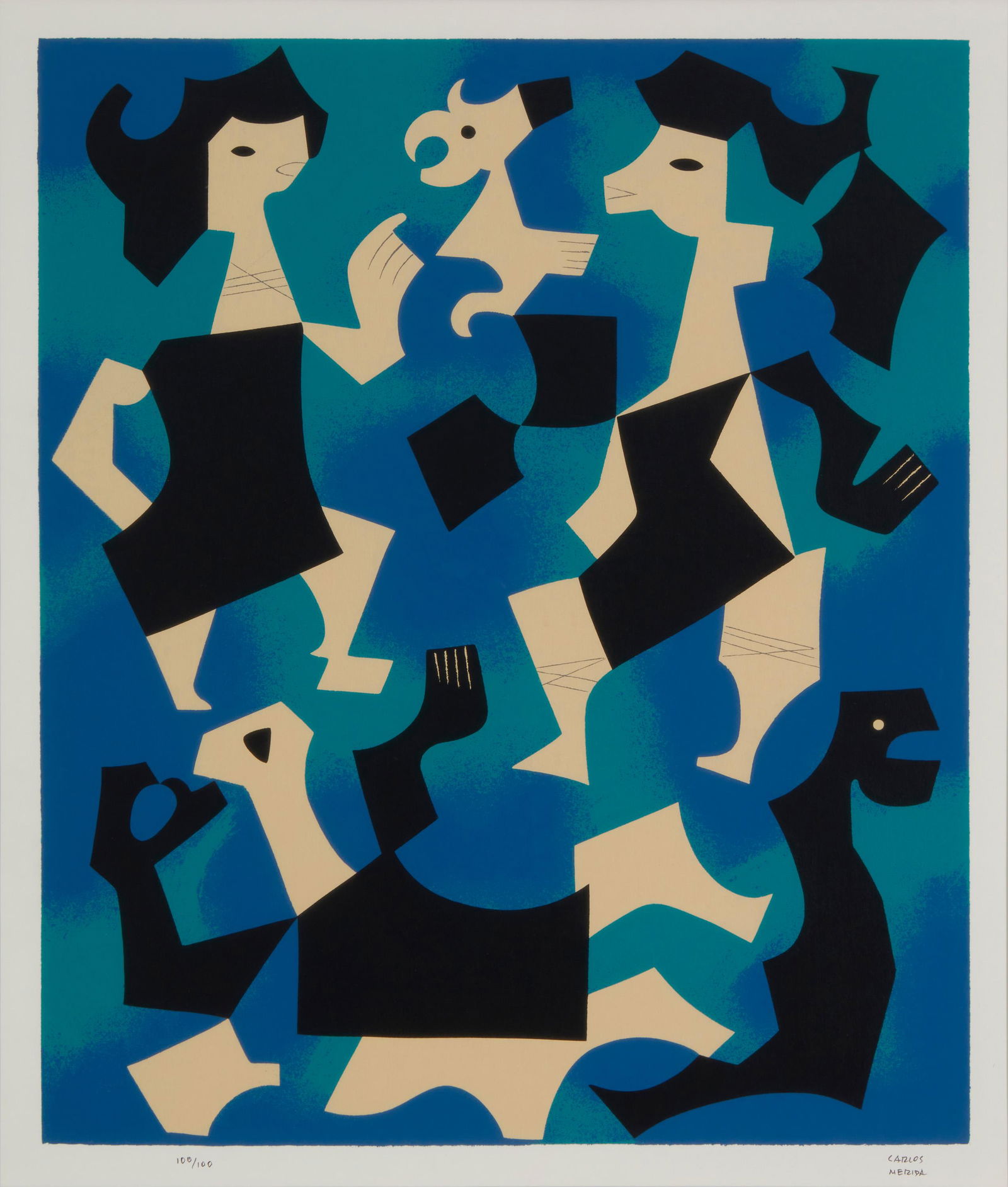 Carlos Merida (1895-1984, Guatemalan): La Endecha, 1978 Screenprint in colors on paper under glass Edition 100/100 Signed and numbered in the lower margin: Carlos Merida Image: 24.875" H x 21" W; Sight: 26.75" H x 22.75" W Provenance