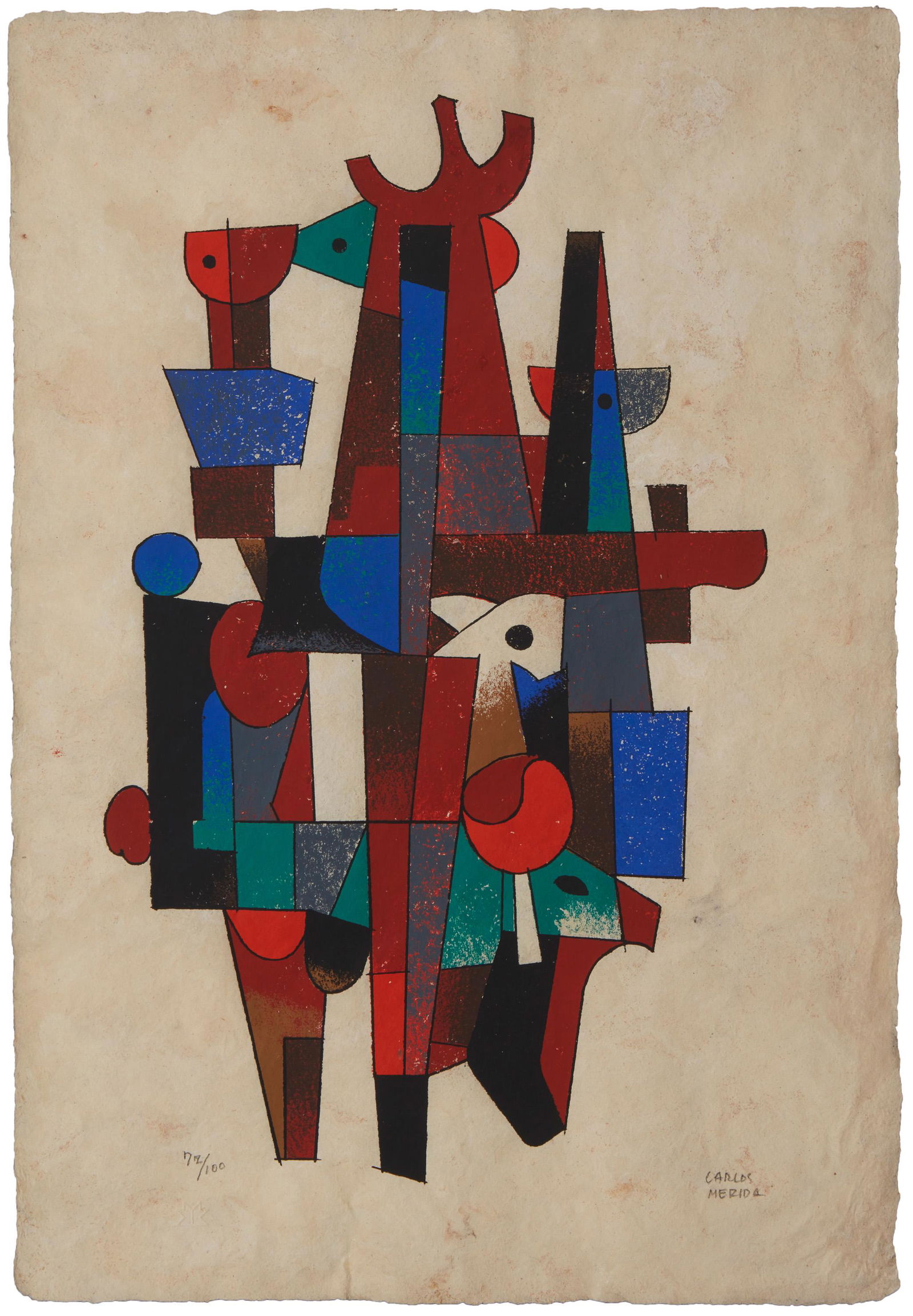 Carlos Merida (1895-1984, Guatemalan): El Hijo de Venado, 1981 Screenprint in colors on Amate paper under glass Edition: 72/100 Signed lower right: Carlos Merida Sheet: 23.75" H x 16" W Provenance: The Carolyn J. Adrian Collection, S