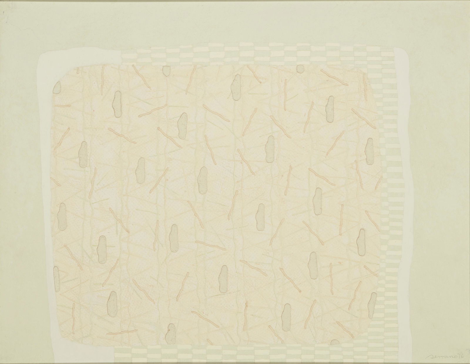 Jose Luis Serrano (b.1947, Mexican): Alfabeto Roto No. 2, 1976 Silicografia on canvas Signed and dated lower right: Serrano; titled on a gallery label affixed verso 27.5" H x 35" W Provenance: Galeria Juan Martin, Mexico The Caroly