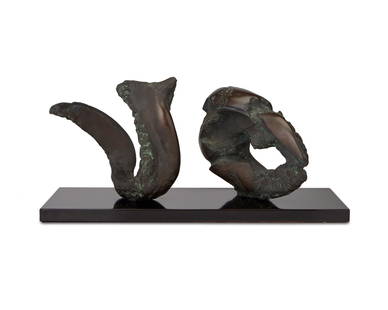 Jack Zajac (b. 1929, American): Horn and Skull, circa 1976 Patinated bronze lacquered wood base Appears unsigned Overall: 13.25" H x 26" W x 11" D Provenance: Property of an Estate, Beverly Hills, CA