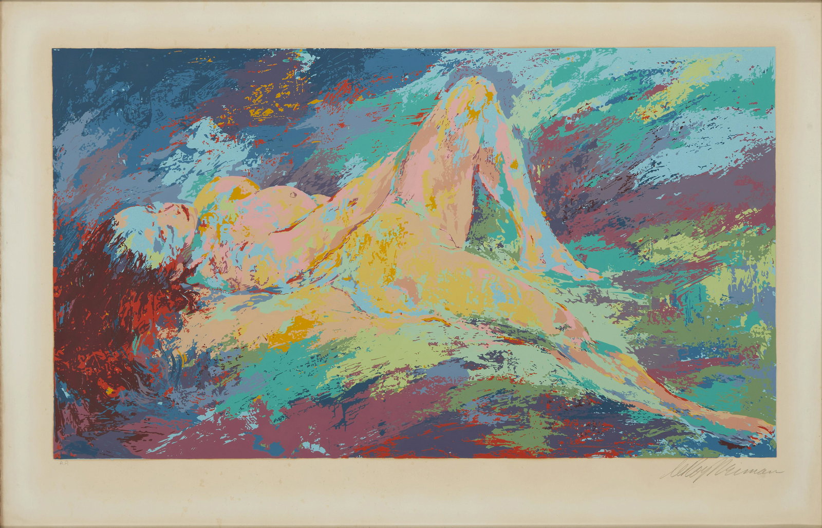 Leroy Neiman (1921-2012, New York, NY): Reclining nude Screenprint in colors on paper Edition: A.P. Signed in pencil in the lower margin, at right: Leroy Neiman Image: 20" H x 35.25" W Notes: This lot is accompanied by a printed Collector's