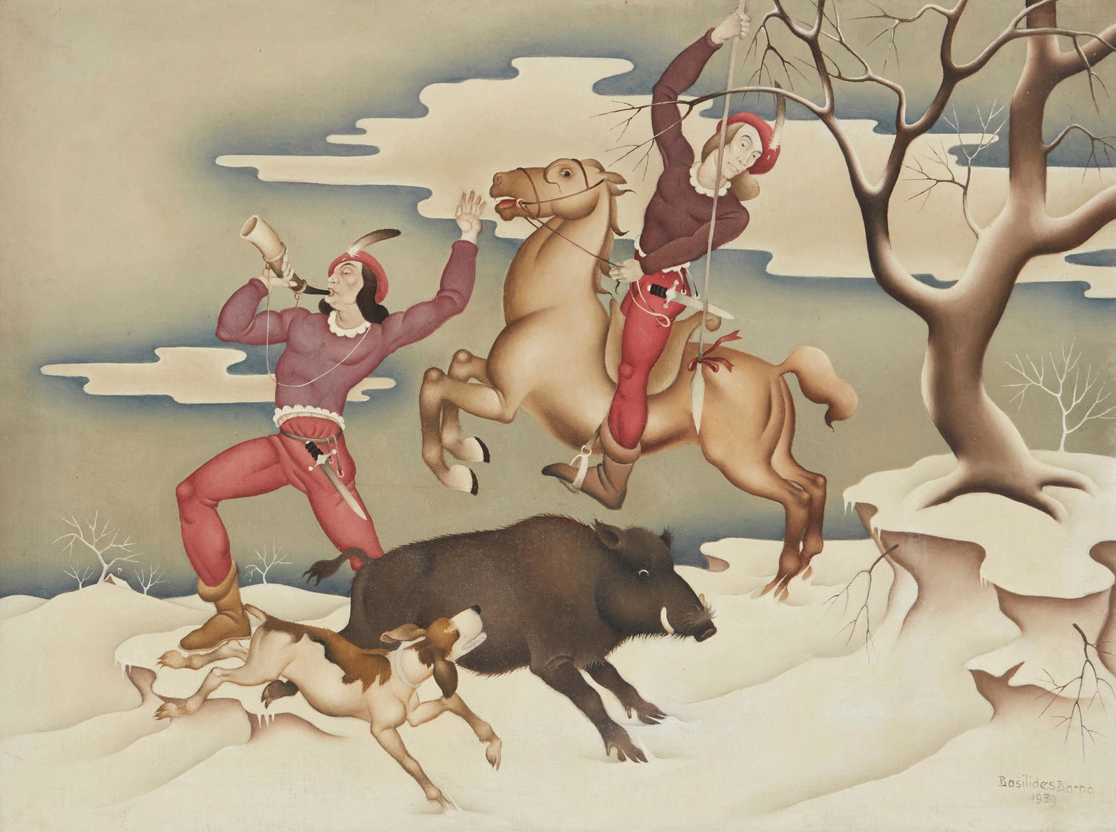 Barna Basilides (1903-1967, Hungarian): La Chasse au Sanglier, 1939 Oil on canvas Signed and dated lower right: Basilides Barna; titled on a label affixed verso 24" H x 32" W