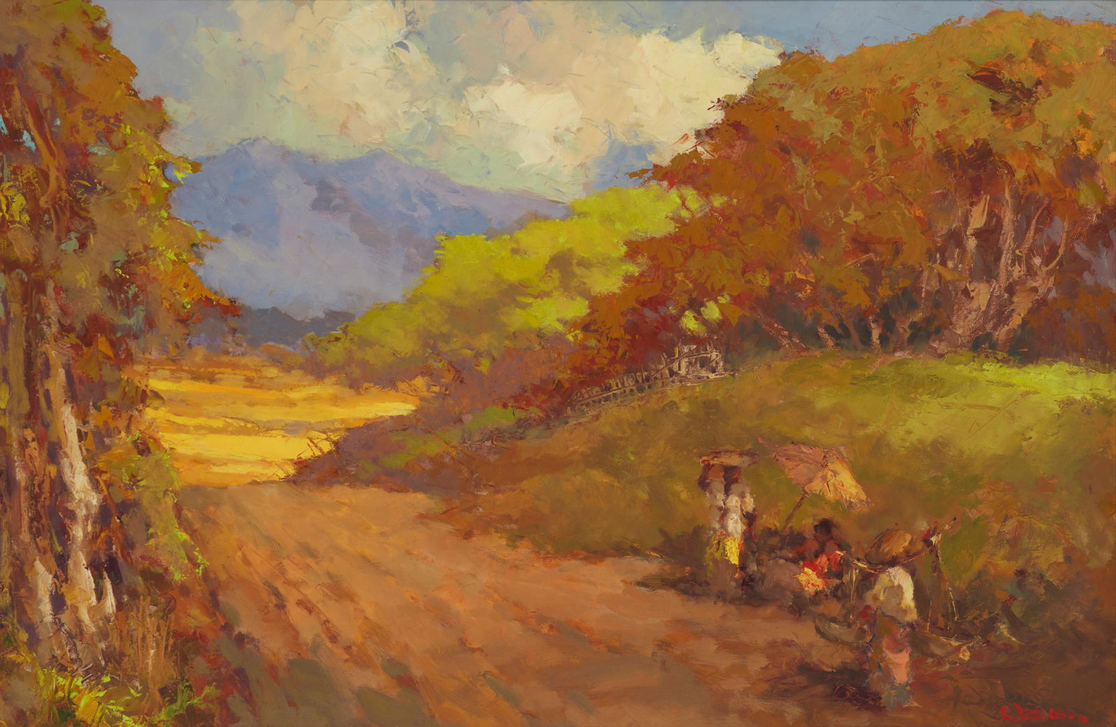 Lucien Frits Ohl (1904-1976, Indonesian): Figures walking along a road Oil on Masonite Signed lower right: L. Frits Ohl 23.5" H x 35" W