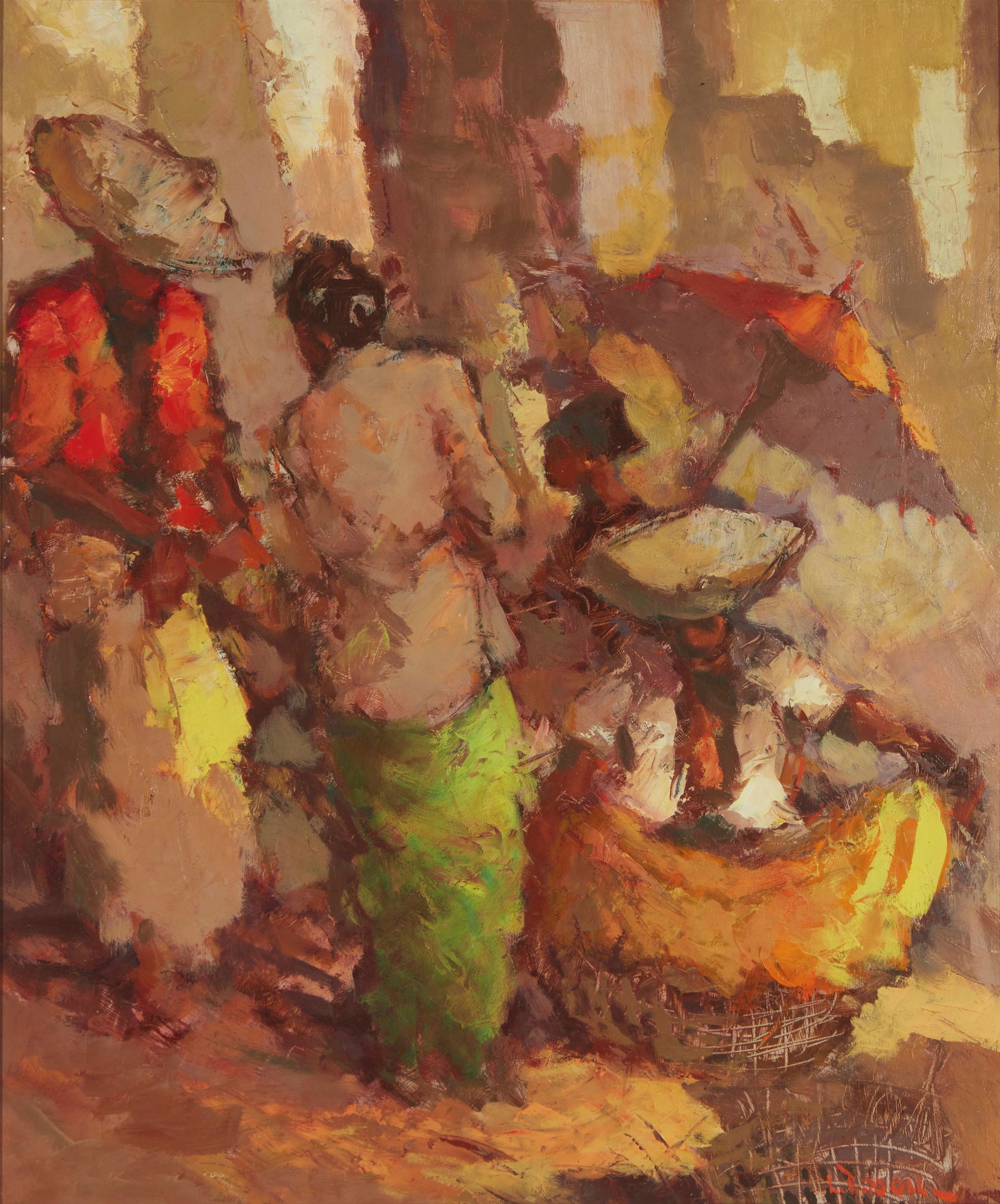 Lucien Frits Ohl (1904-1976, Indonesian): Indonesian Market Oil on Masonite Signed lower right: L. Frits Ohl; titled on a label affixed verso 23.5" H x 19.5" W