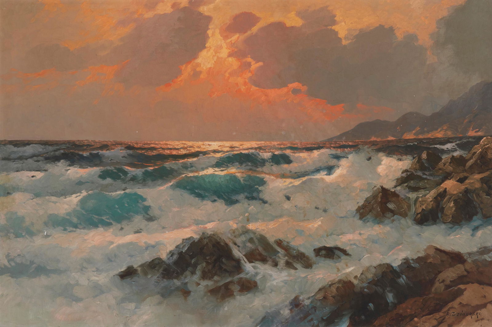 Alexander Dzigurski (1911-1995, Los Angeles, CA): Rocky coastal Oil on canvas Signed lower right: A. Dzigurski 24" H x 36" W