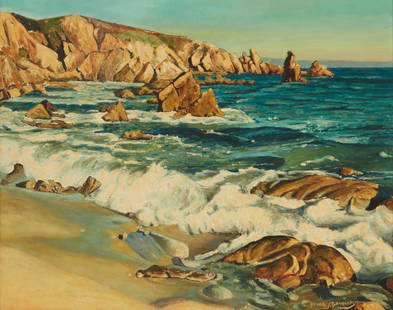 Frank J. Gavencky (1888-1966, Ramona, CA): Rocky coastal Oil on Masonite Signed lower right: Frank J. Gavencky 24" H x 30" W