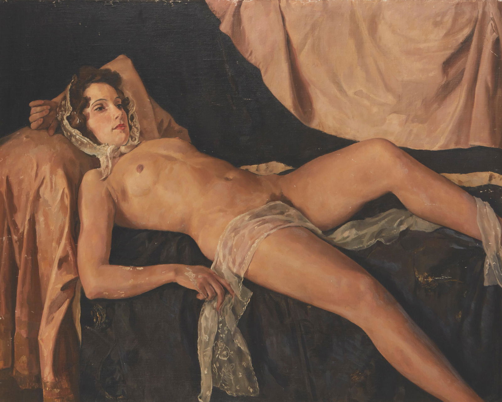 20th Century German School: Nude female in repose with lace, 1941 Oil on canvas laid to board Signed illegibly and dated lower left 43" H x 54" W