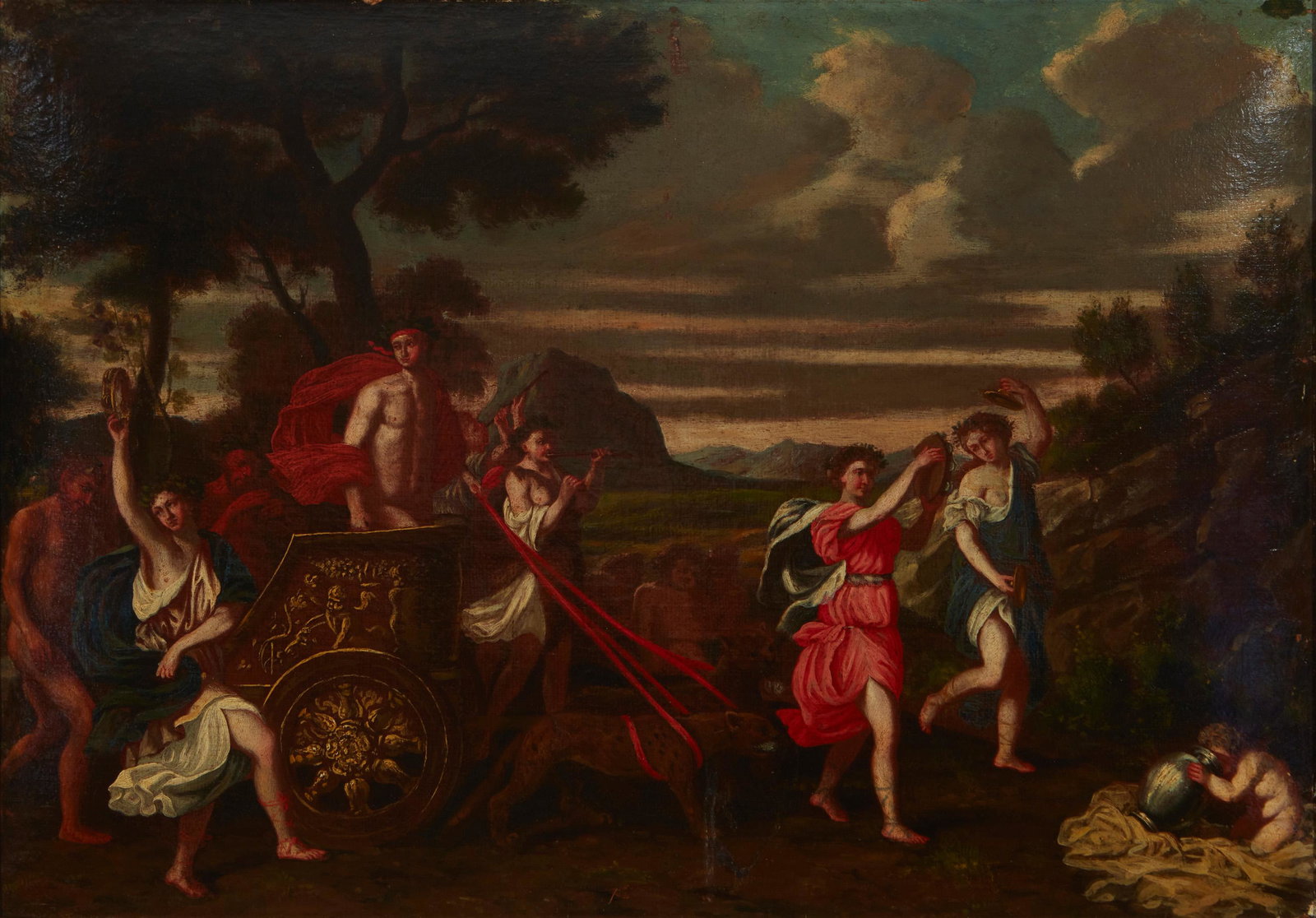 19th Century Italian School: Bacchus on his chariot with attendants Oil on canvas laid to board Appears unsigned 14" H x 20" W