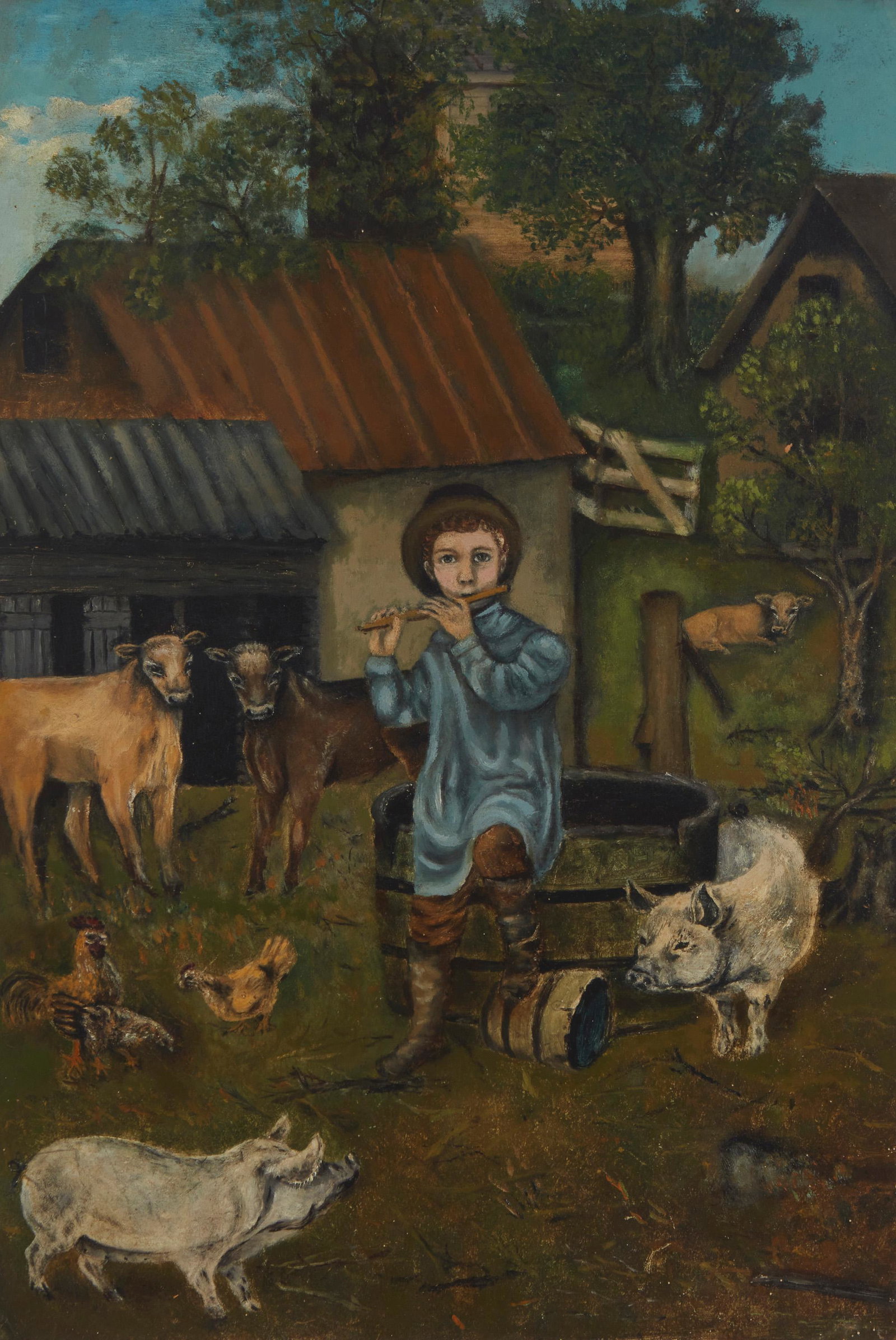 19th Century Continental School: Boy playing flute with farm animals Oil on board Unsigned 18.25" H x 12.5" W