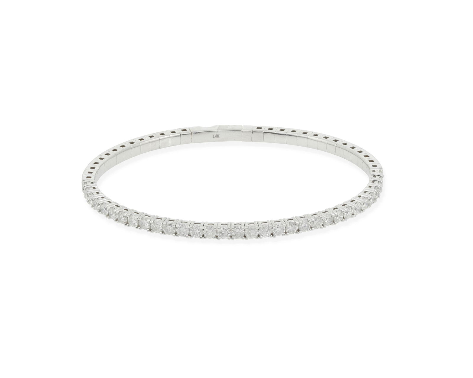 A diamond bracelet: 14k white gold; Stamped: 14k Set with thirty-two round full-cut diamonds on the top half of the bracelet totaling 2.73cts. in weight each graded H-J color and SI2/I2 clarity 6.5" Cir x 0.125" W 12.
