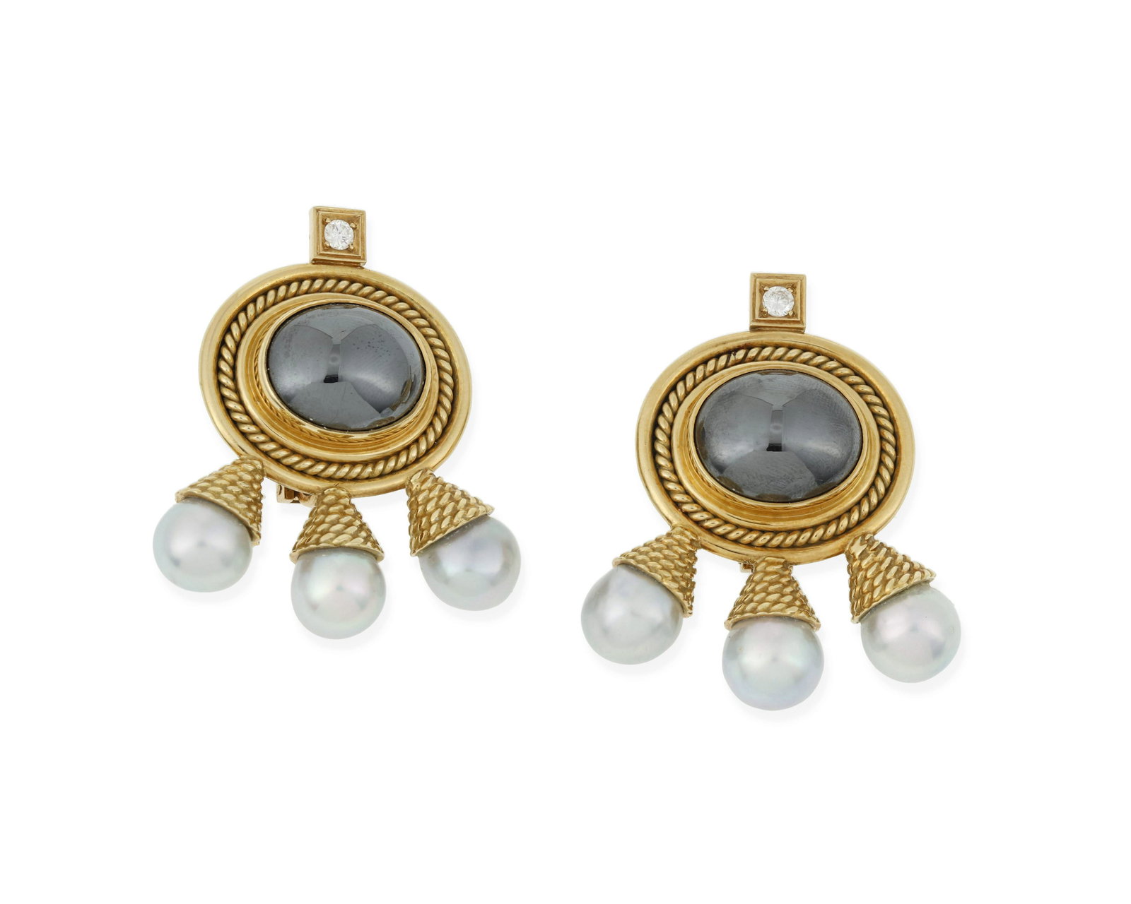 A pair of Elizabeth Gage hematite, diamond and cultured pearl ear clips (1 of 2)
