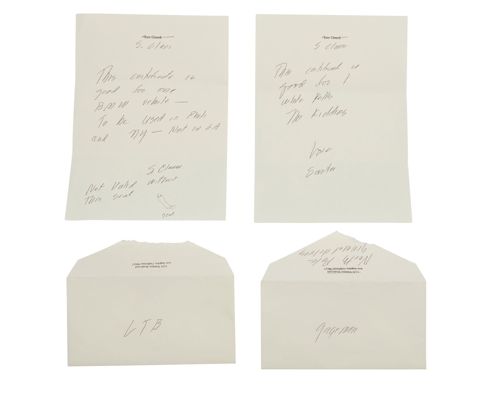 Two hand-written letters and envelopes from Santa Claus, Undated: White Rolls gift letter; and "BMW" gift letter Each: Black ballpoint ink on cream-colored, Tom Girardi letterhead stationery with matching envelopes, watermark Sheffield Linen Each letter: the Tom G