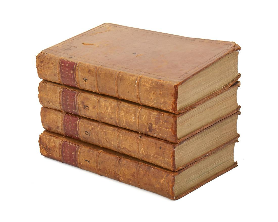 Richard Burn "The Justice of the Peace and Parish Officer," 1776: Burn, Richard. "The Justice of the Peace and Parish Officer." London: W Strahan & M. Woodfall, 1776 Hardcover book In four volumes, each with tooled leahter binding Each: 8.625" H x 5.625" W x 1.375" 