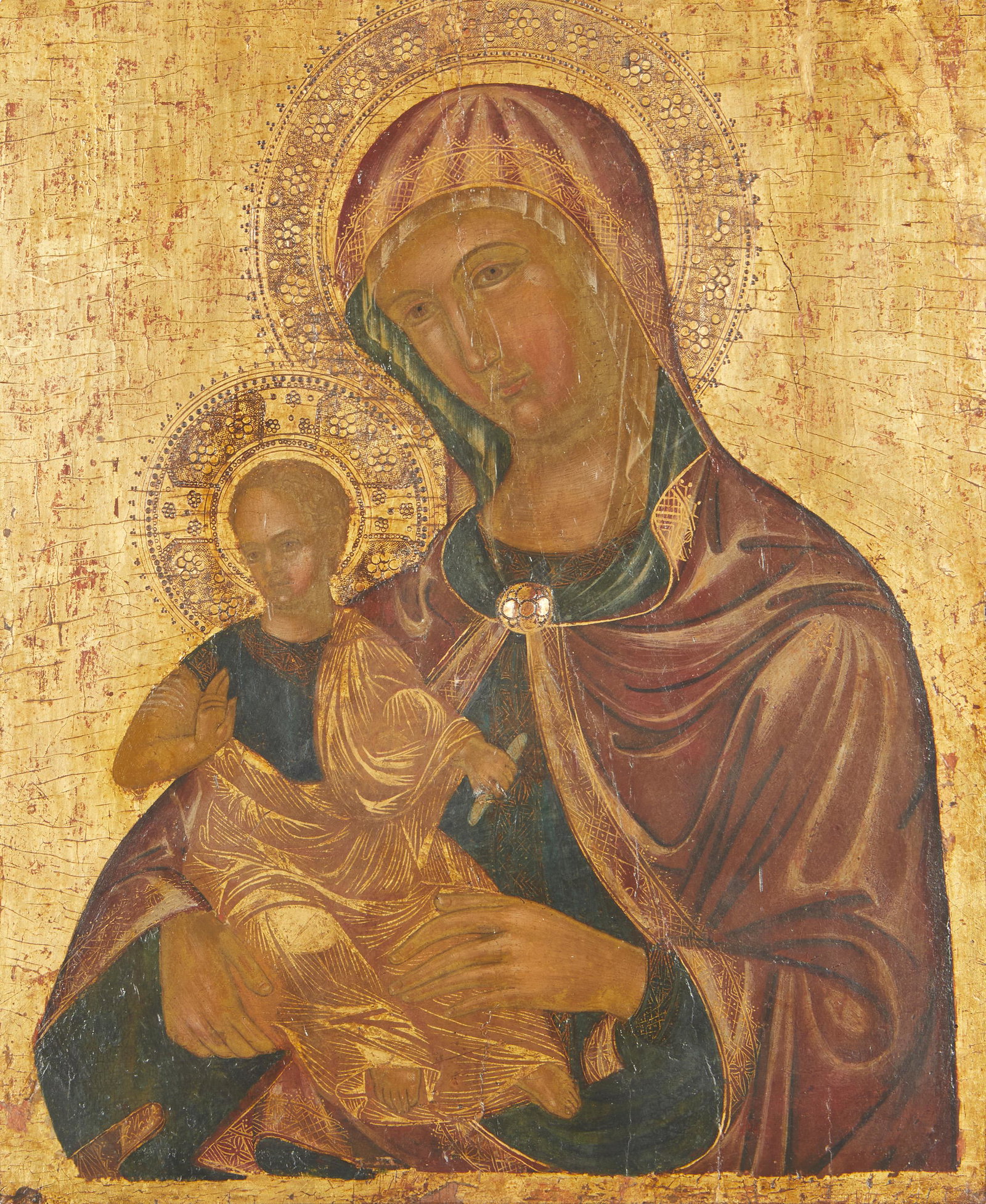 Late 18th/Early 19th Century Italian Icon: Madonna and Child Oil and gold leaf with embossing on panel in a carved and painted giltwood architectural frame Appears unsigned Image: 17.5" H x 14.5" W; Overall: 38.5" H x 28" W Provenance: The Res