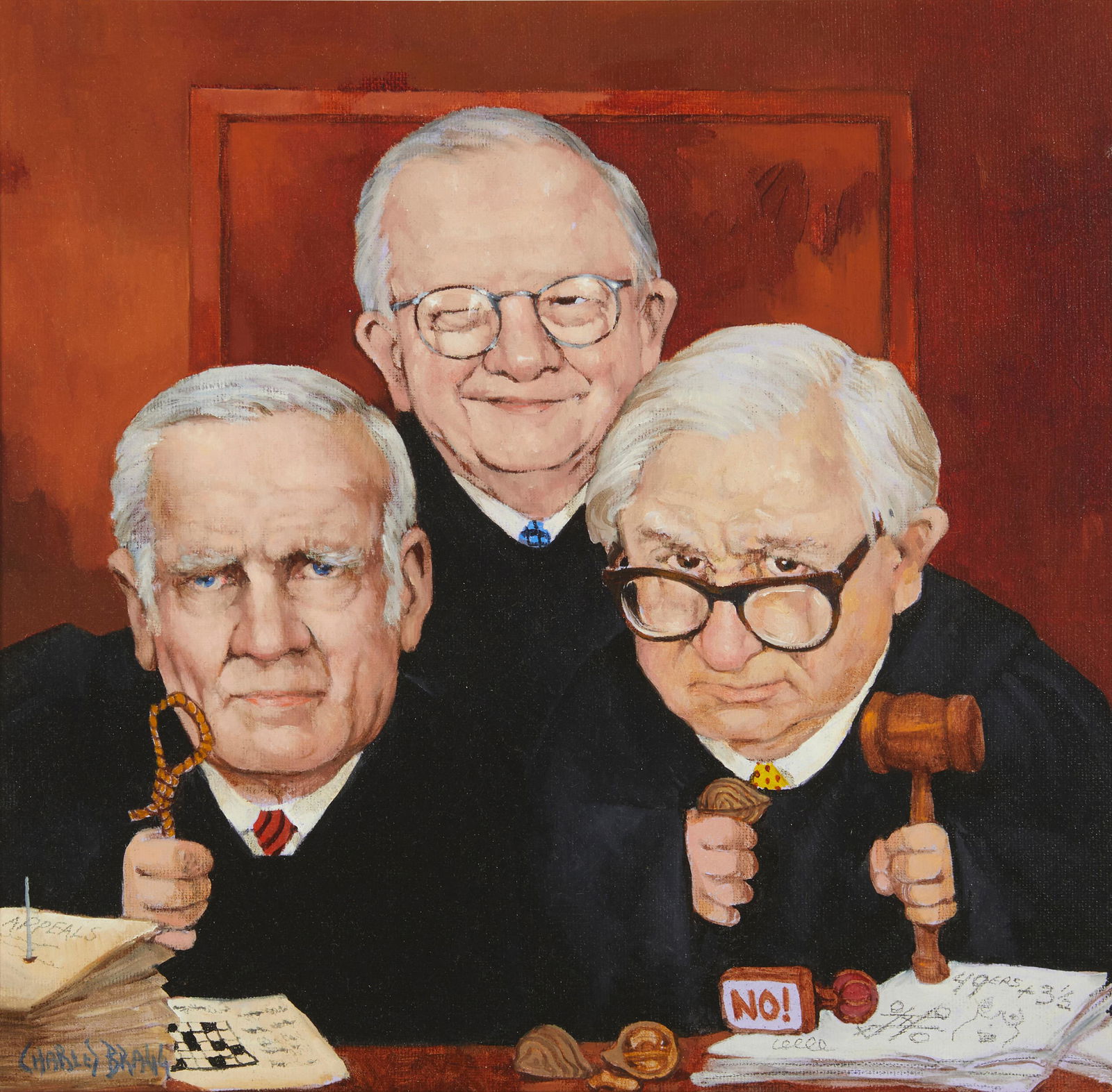 Charles Bragg (1931-2017, American): Three judges Oil on canvas Signed lower left: Charles Bragg 12" H x 12" W Provenance: The Residential Property of Thomas and Erika Girardi, Pasadena, CA Notes: This lot is accompanied by a sign