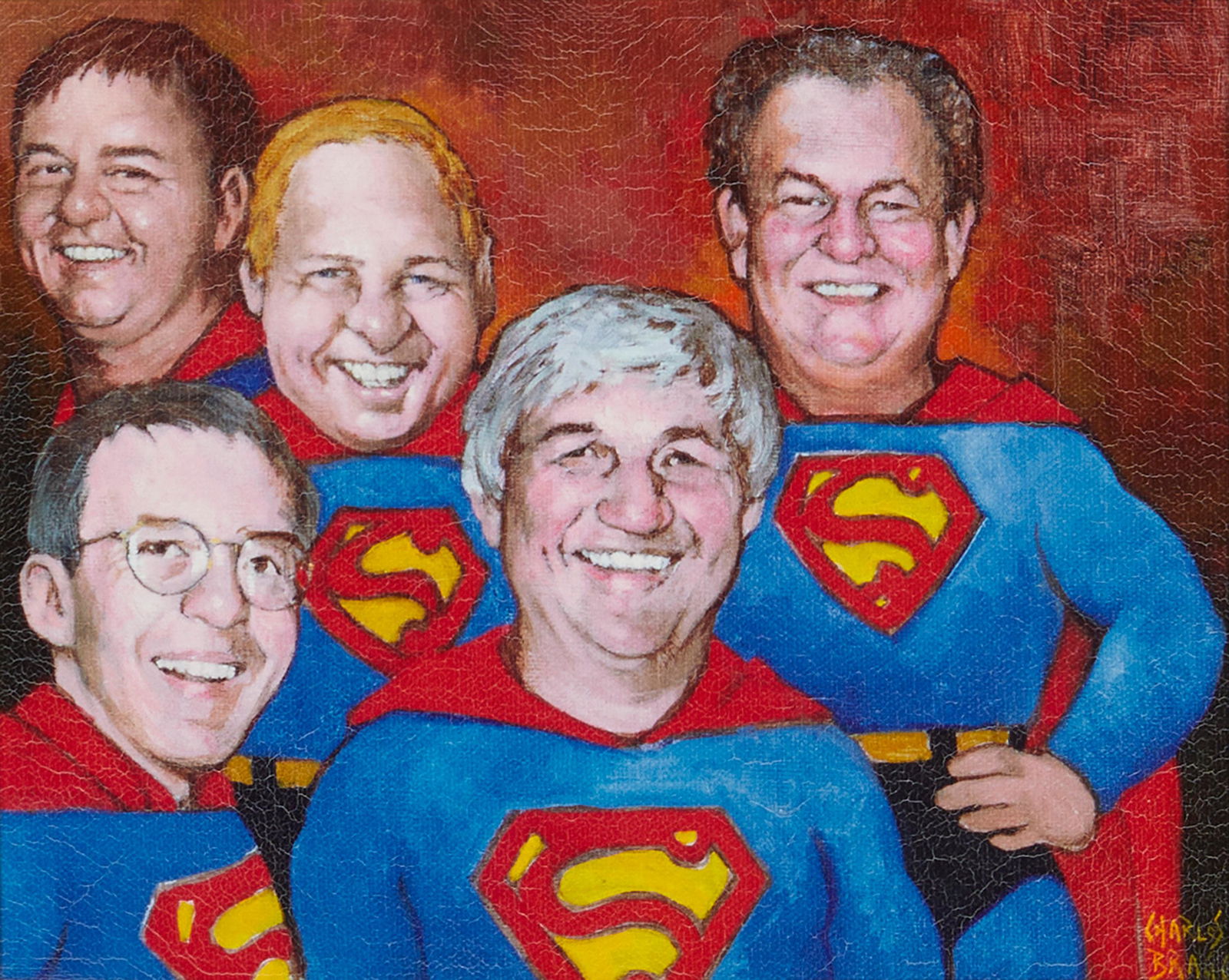 Charles Bragg (1931-2017, American): Five attorneys in superman costumes Oil on canvas Signed lower right: Charles Bragg 8" H x 10" W Provenance: The Residential Property of Thomas and Erika Girardi, Pasadena, CA Notes: From the a