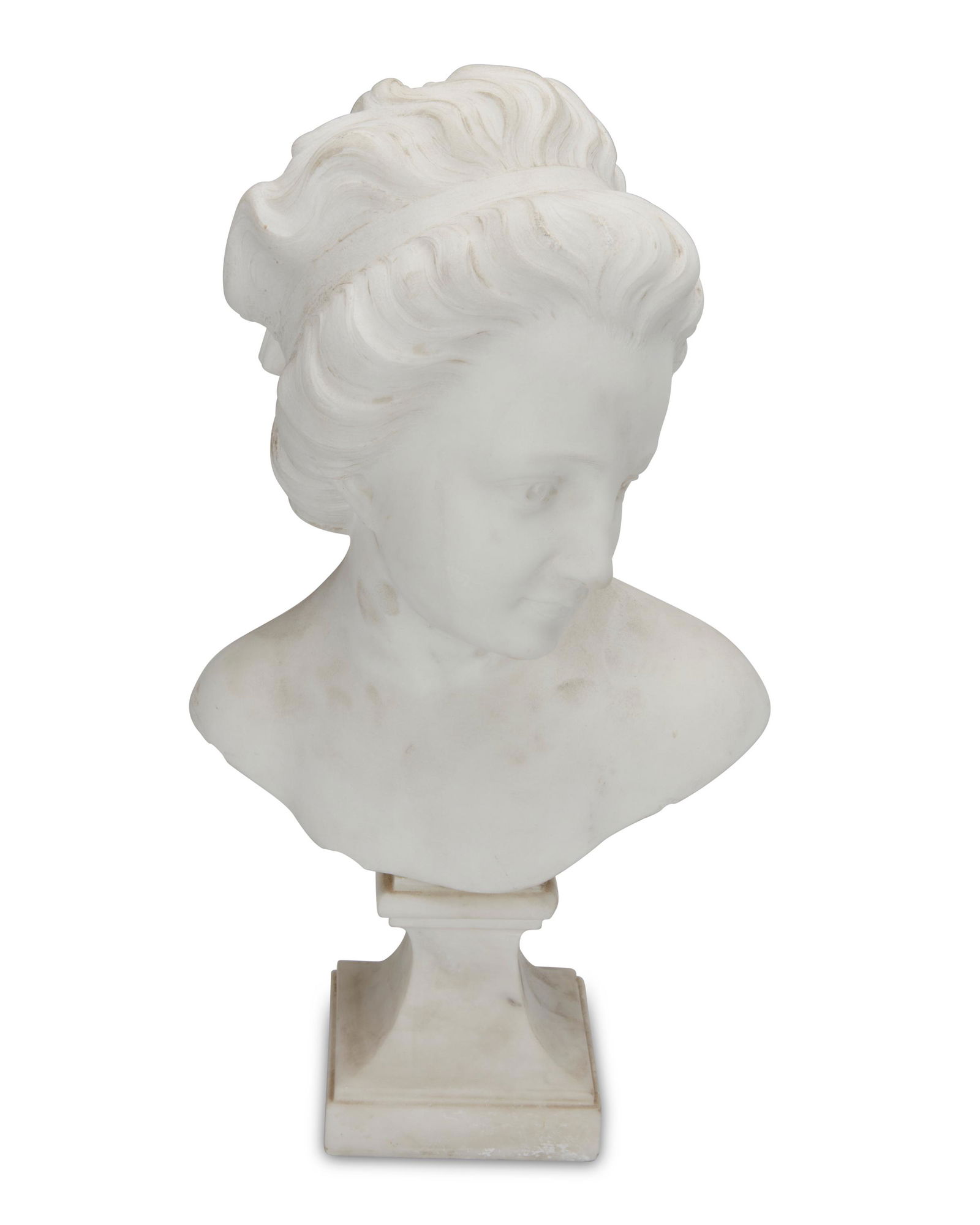 After Etienne Maurice Falconet (1716-1791, French): A bust of young girl White alabaster Marked to back: D'Apres Falconet 19" H x 11" W x 8" D