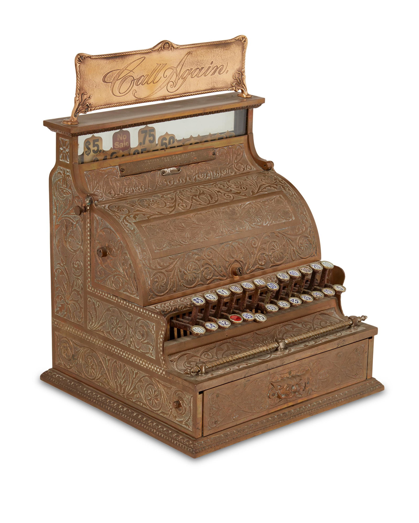 A National cash register: Late 19th/Early 20th Century Marked: National Cash Register Co. Dayton, Ohio, U.S.A.; numbered: 38417 The brass cash register with wood lined drawer and a modern "Call Again" top sign 22" H x 15.5" W 
