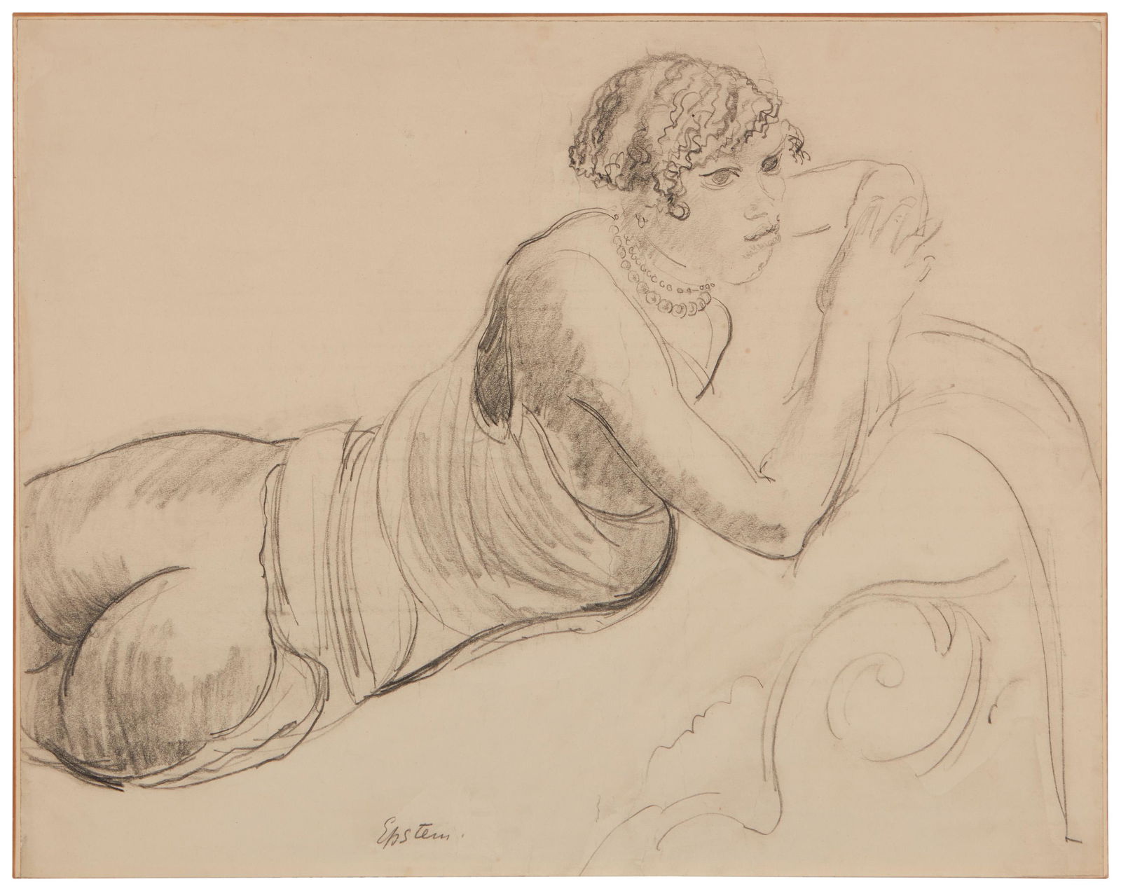 Sir Jacob Epstein (1880-1959, British/American): Semi-nude woman on a chaise lounge Charcoal and graphite on cream-colored paper partially mounted to board Signed in pencil near the center of the lower edge: Epstein 17.25" H x 22." W Provenance