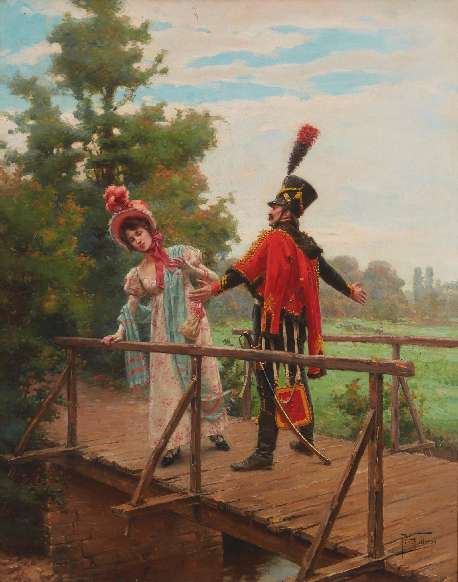 Paul-Louis-Narcisse Grolleron (1848-1901, French): The Encounter Oil on canvas Signed lower right: P. Grolleron; titled by repute 36.5" H x 29" W
