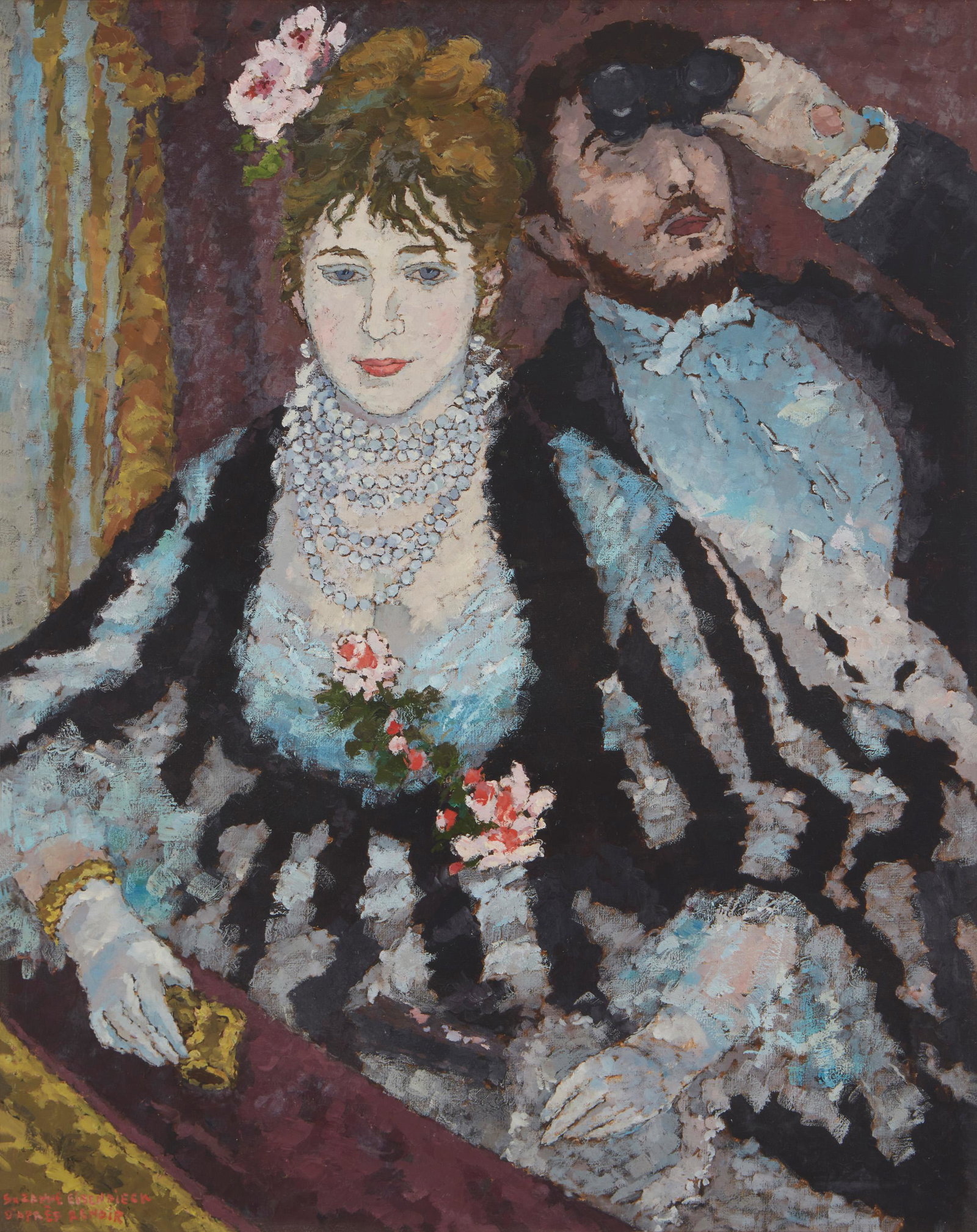 Suzanne Eisendieck (1908-1998, Polish/French): 'La Loge' d'apres Renoir Oil on canvas Signed lower left: Suzanne Eisendieck / d'apres Renoir; titled by repute 32" H x 25.5" W