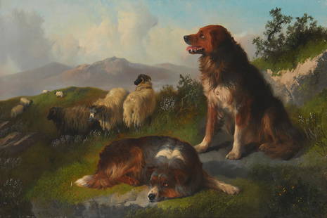 George William Horlor (1823-1895, British): Sheepdogs guarding their flock, 1869 Oil on panel Signed and dated lower left: G.W. Horlor 16" H x 24" W