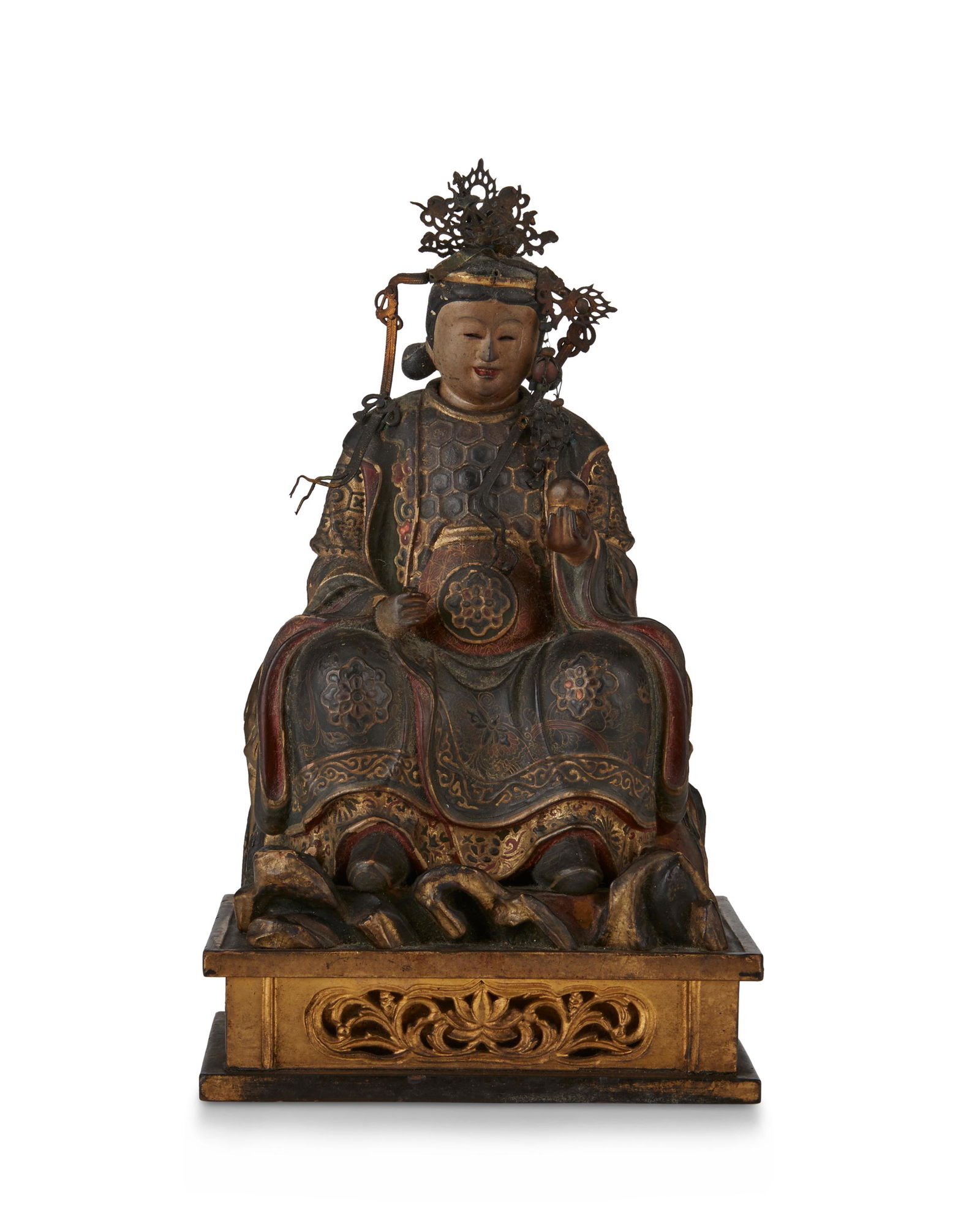 A Chinese carved wood seated figure (1 of 3)