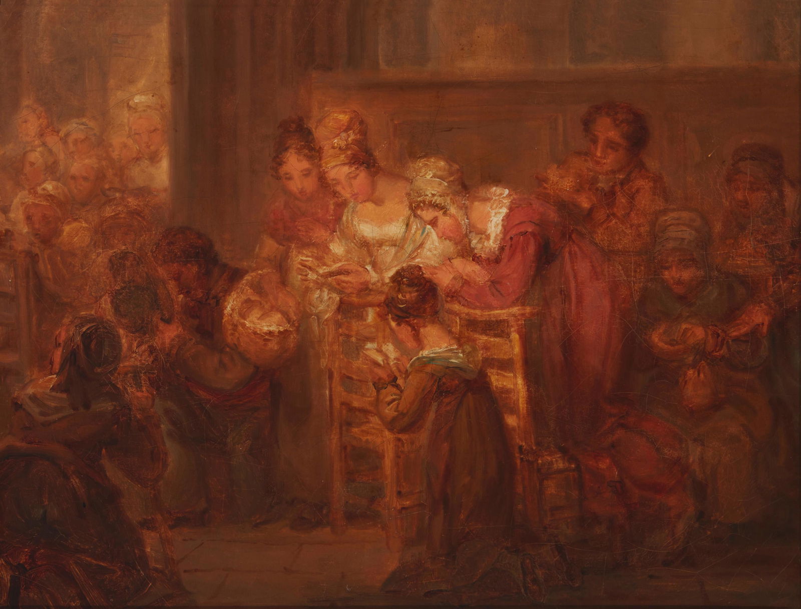 Ary Scheffer (1795-1858, Dutch): Church interior with figures praying Oil on canvas laid to canvas Appears unsigned; artist attribution from a partial old paper label affixed to the backboard of the frame 9.5" H x 12.75" W Prove