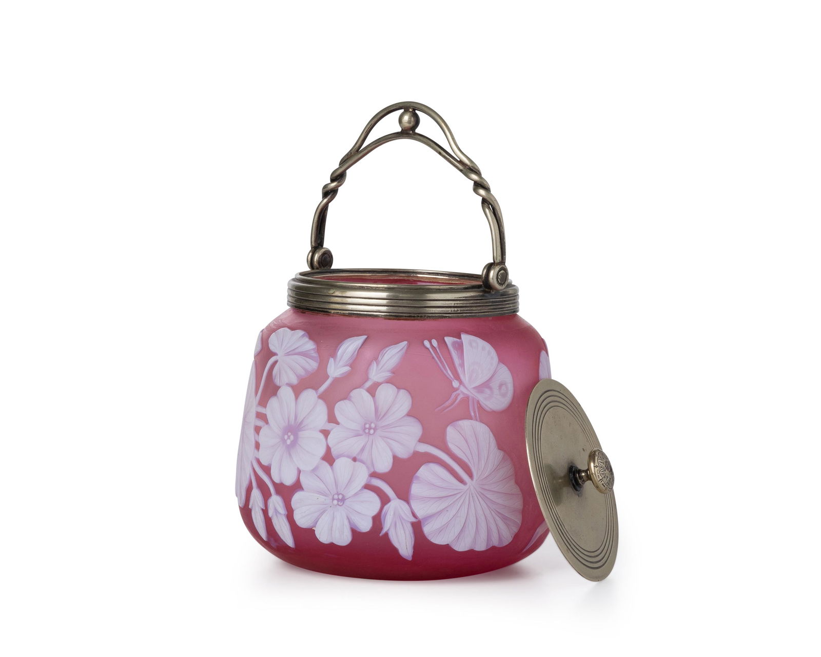 An English Victorian cameo glass biscuit barrel: Fourth-Quarter 19th Century Lid with impressed mark: JB & S [possibly Jonathan Bell & Son] / 11166 Likely by Thomas Webb, the acid etched jar cut from opaque white to frosted pink with geranium moti