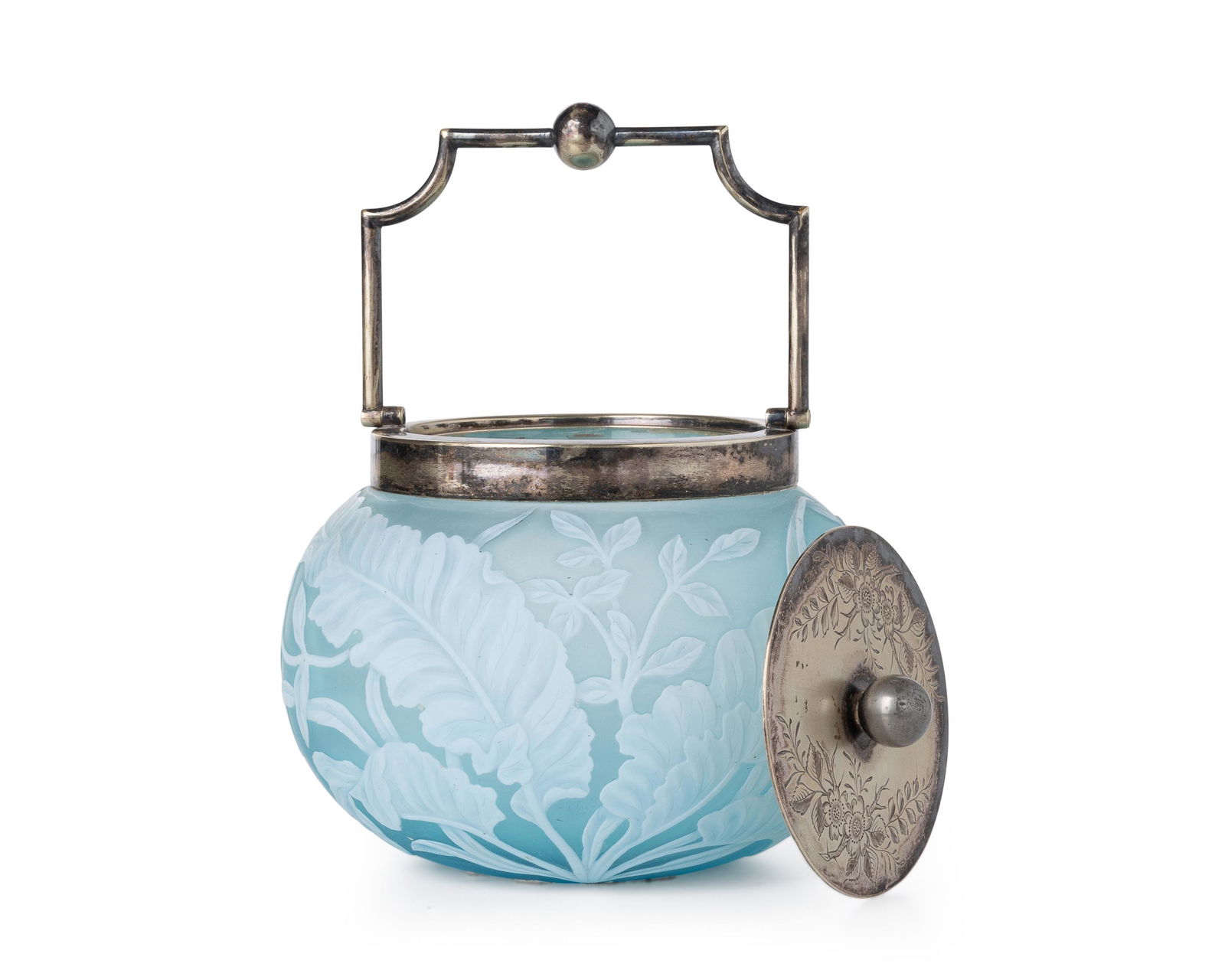 An English Victorian cameo glass biscuit barrel: Fourth-Quarter 19th Century Lid with impressed marked for Walker & Hall, numbered 2748; rim with impressed marked for John Grinsell & Sons, numbered: 106 Likely by Thomas Webb, the acid etched jar c