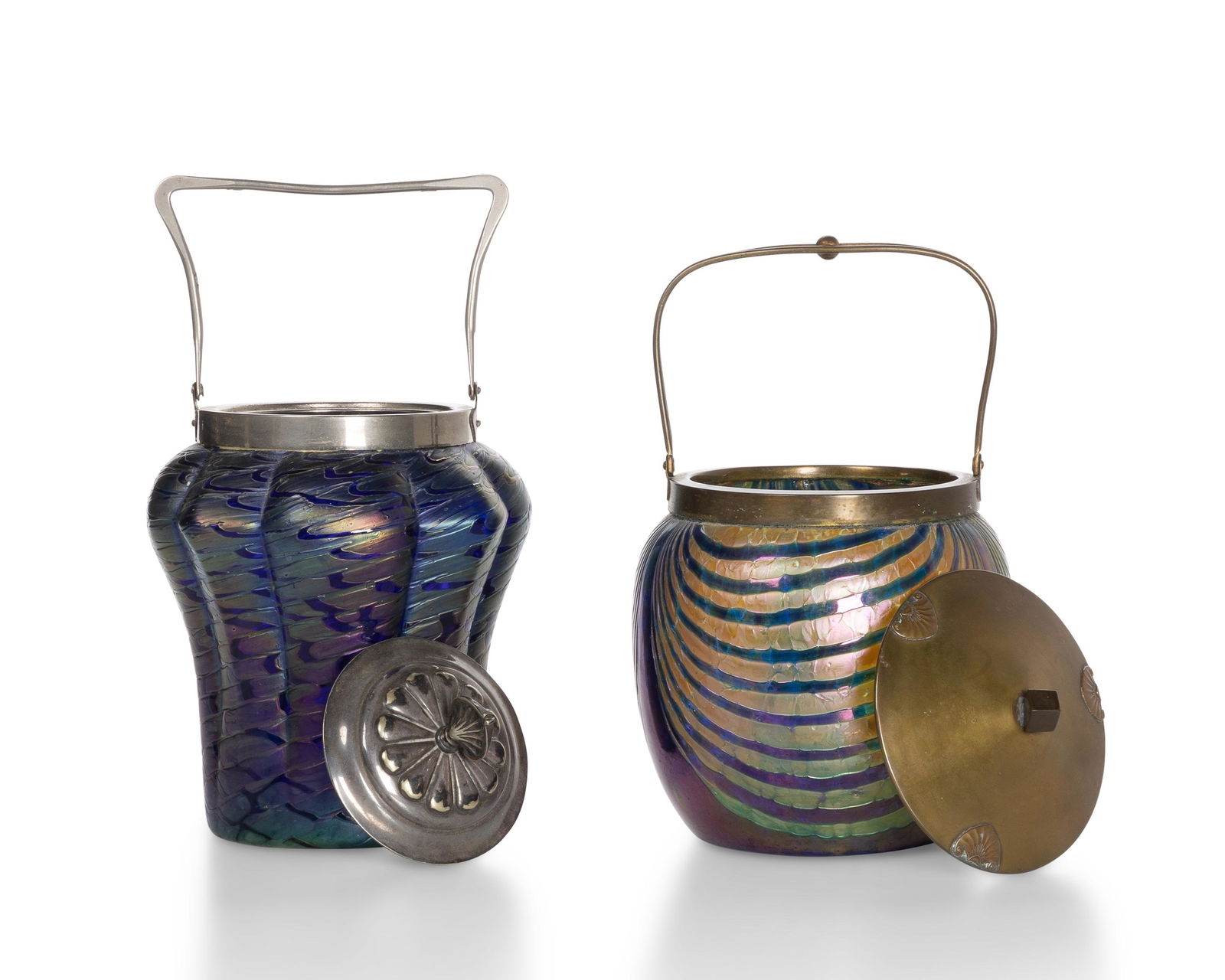 Two Loetz-style art glass biscuit barrels (1 of 3)