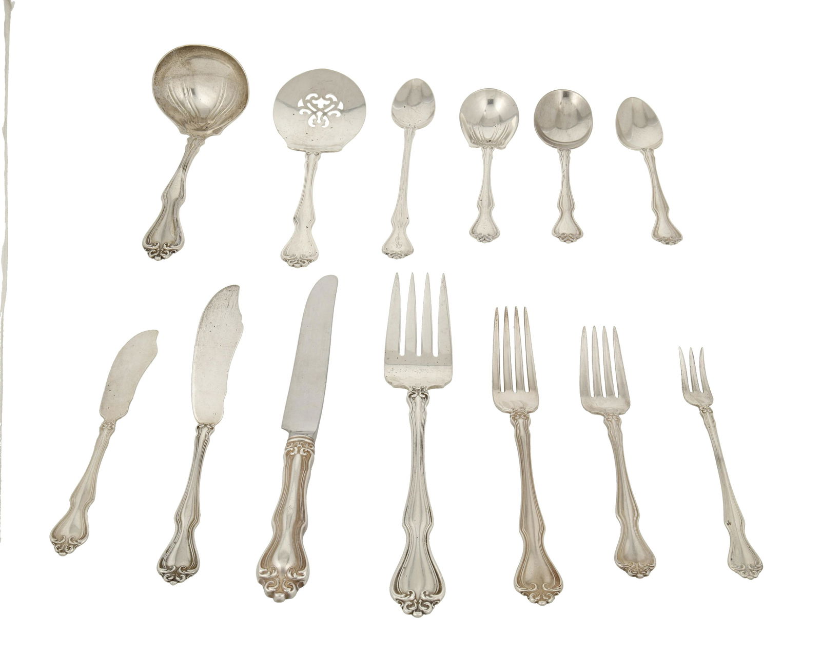 A Westmorland "George And Martha" sterling silver flatware service: Circa 1940-2001 Each marked for Westmorland and sterling Originally designed 1900 by Henry L. Wallace for Wallace Silversmiths, later produced in 1940 by Westmoreland, comprising 11 hollow handled k