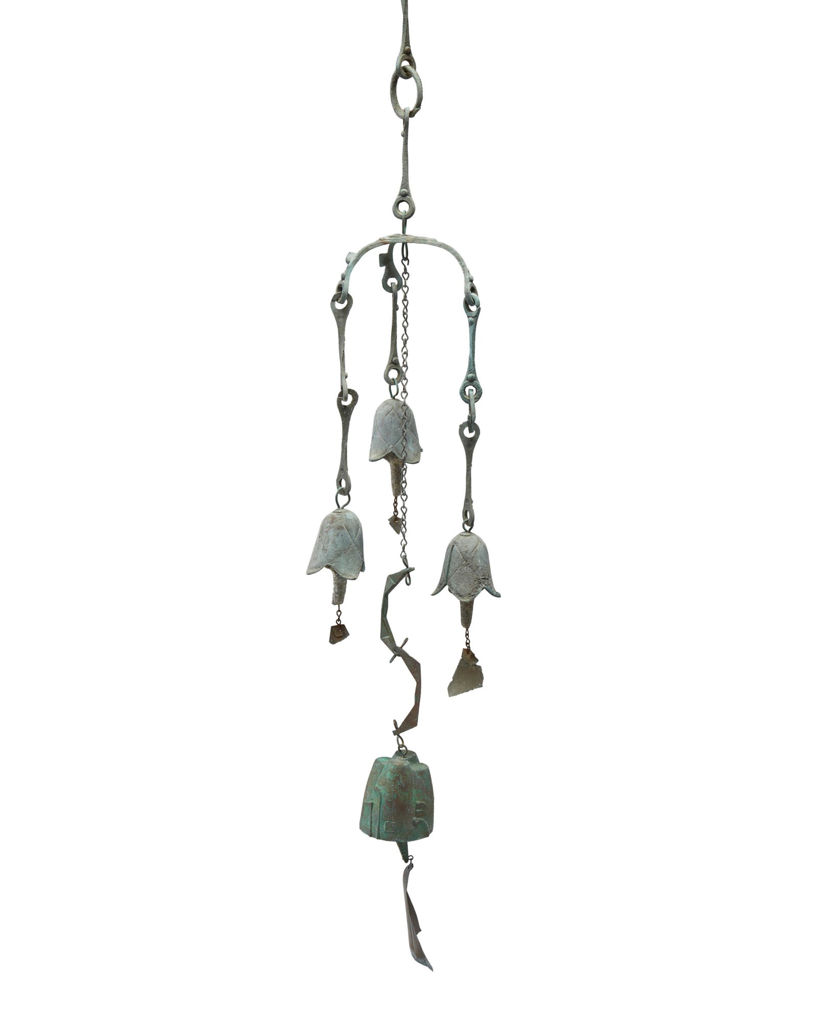 Paolo Soleri (1919-2013): Cosanti wind bell, late 20th century; Paradise Valley, AZ Bronze and copper Lower bell with cast Paolo Soleri cipher, other bells not marked 49.25" H x 10.5 " Dia. approx.
