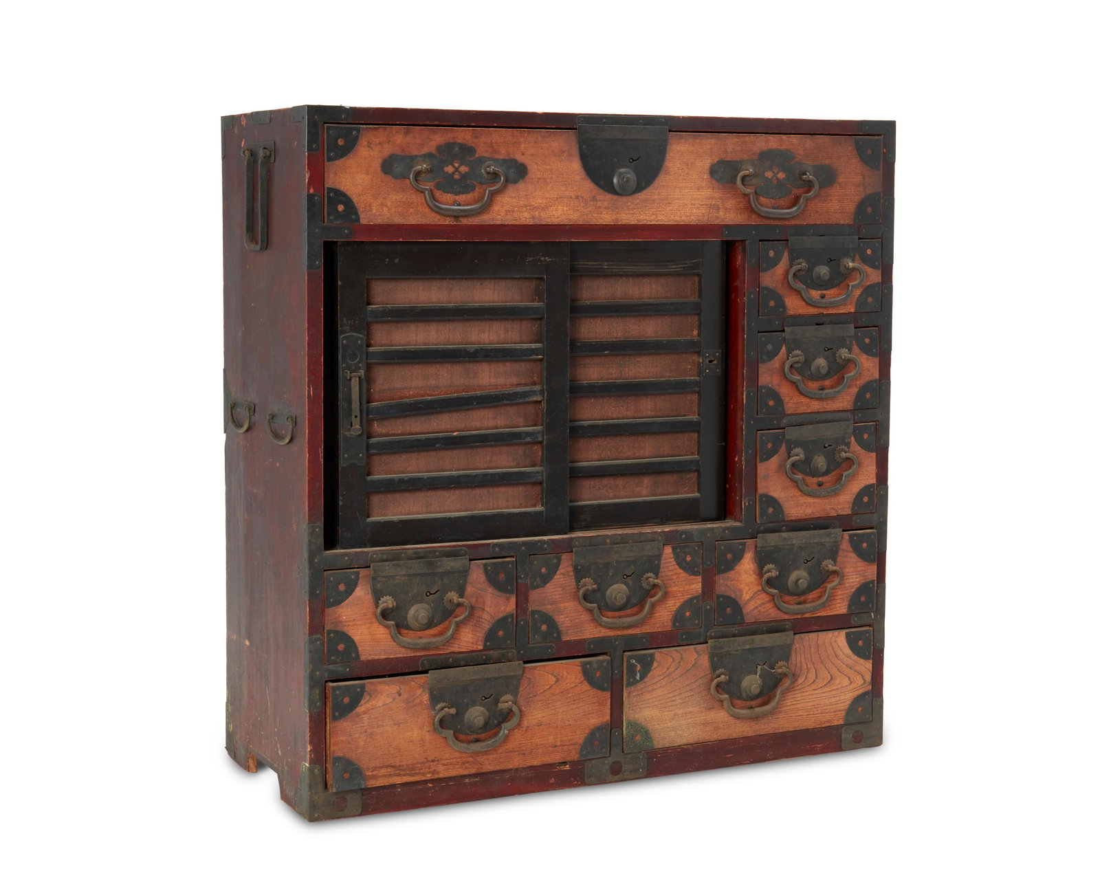A Japanese tansu chest: 20th century Wit drawers and cabinets fitted with iron hardware and mounts 34.5" H x 34" W x 15" D
