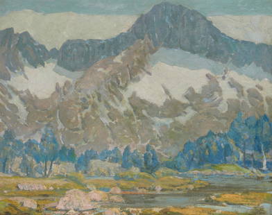 Ralph Holmes (1876-1963): Sierra Mountain landscape  Oil on canvas  Signed lower right: Ralph Holmes; signed again on the stretcher  24" H x 30" W   Exhibitions: Art Exhibition, Loew's State Theatre, Los Angeles, CA, n.d.