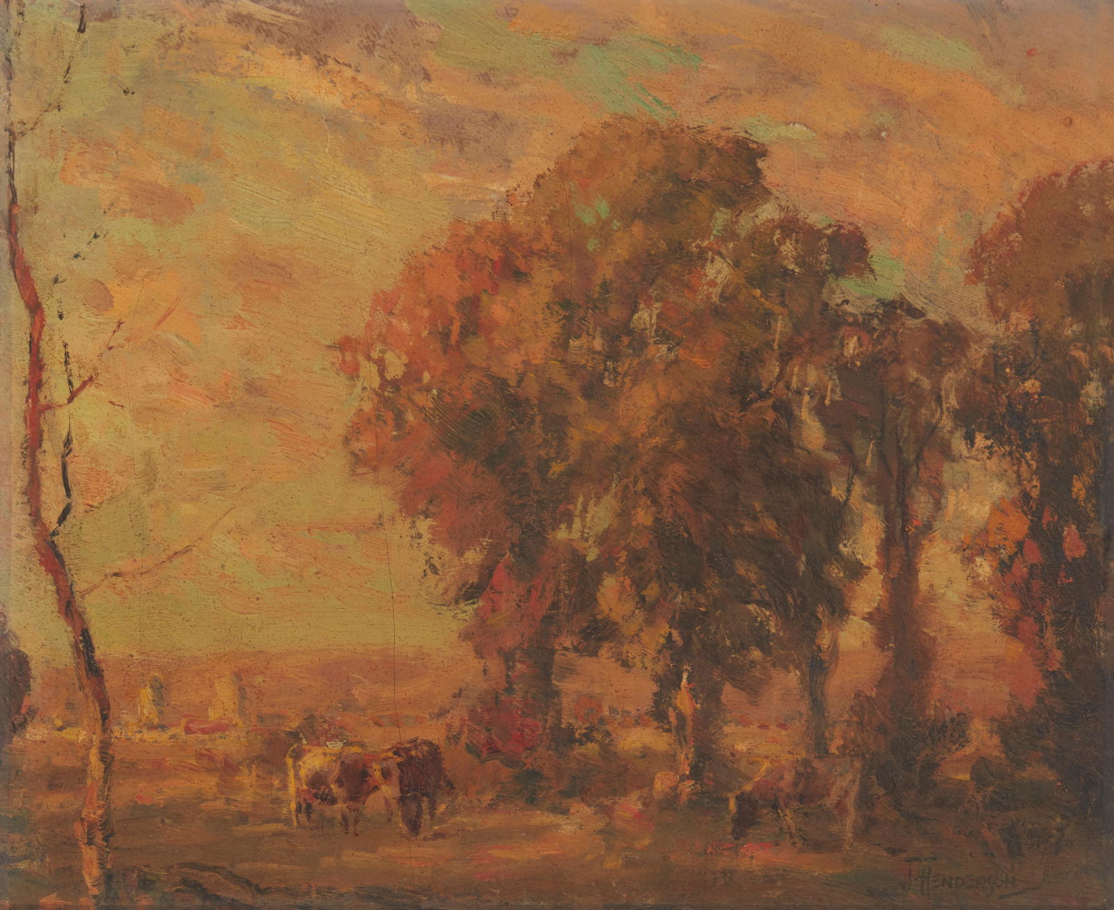 James Henderson (1871-1951): Cows grazing in a landscape Oil on canvas Signed lower right: J. Henderson 10.25" H x 12" W