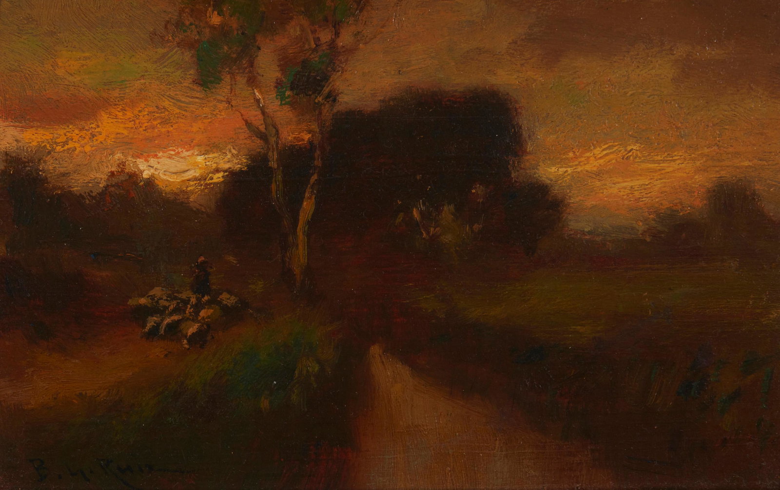 Benigino Yamiro Ruiz (1880-1929): Shepard with flock at sunset Oil on panel Signed lower left: B.Y. Ruiz 5" H x 8" W Provenance: From the Estate of DeWitt C. McCall III
