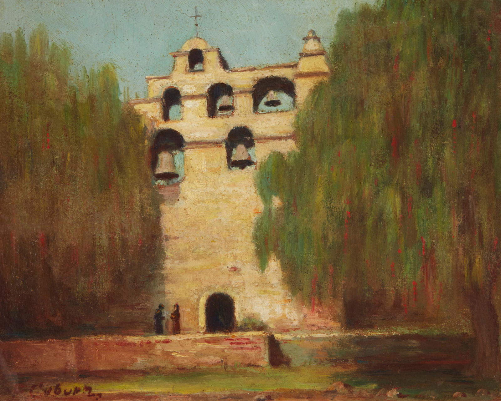 Frank Coburn (1862-1938): Mission San Gabriel Oil on board Signed lower left: F. Coburn; titled on a gallery label affixed verso 8" H x 10" W Provenance: DeRu's Fine Arts, Lagune Beach, CA From the Estate of DeWitt C. Mc